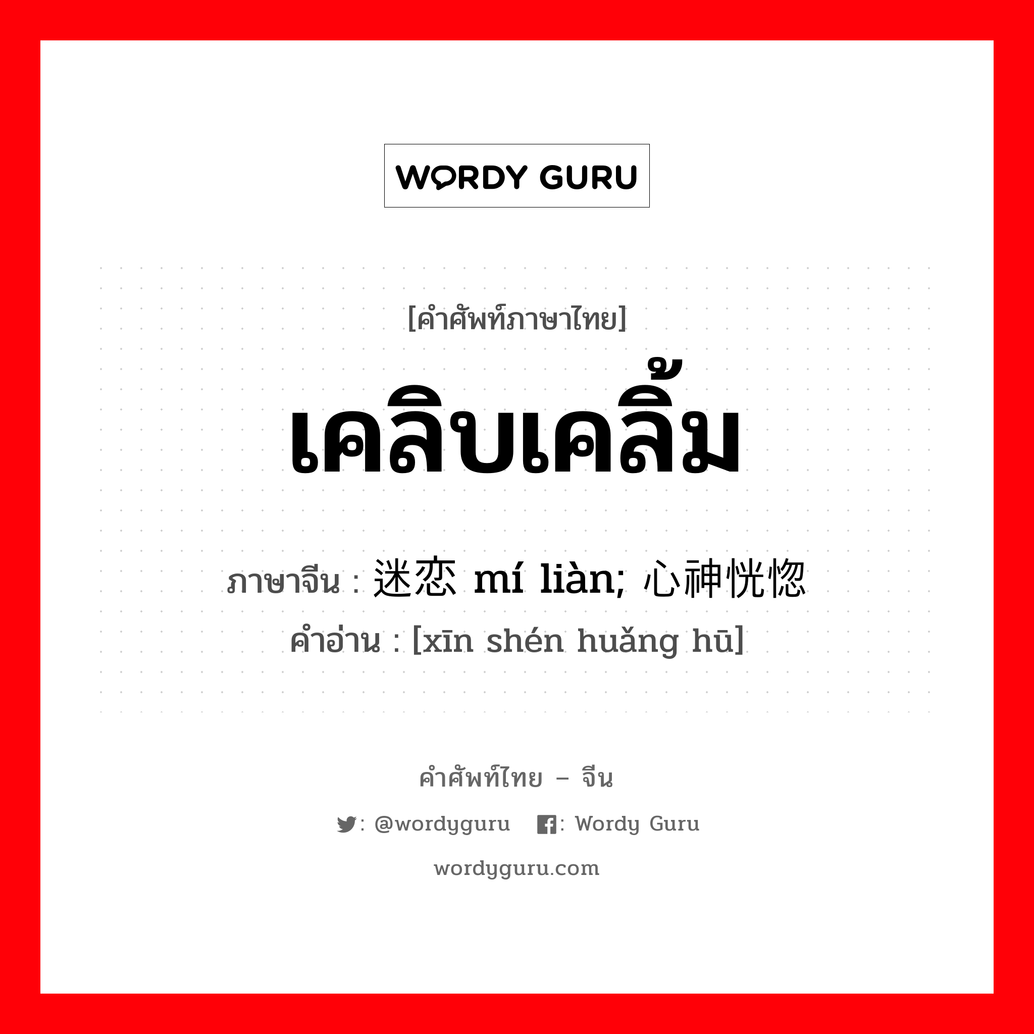 เคลิบเคลิ้ม ภาษาจีนคืออะไร, คำศัพท์ภาษาไทย - จีน เคลิบเคลิ้ม ภาษาจีน 迷恋 mí liàn; 心神恍惚 คำอ่าน [xīn shén huǎng hū]