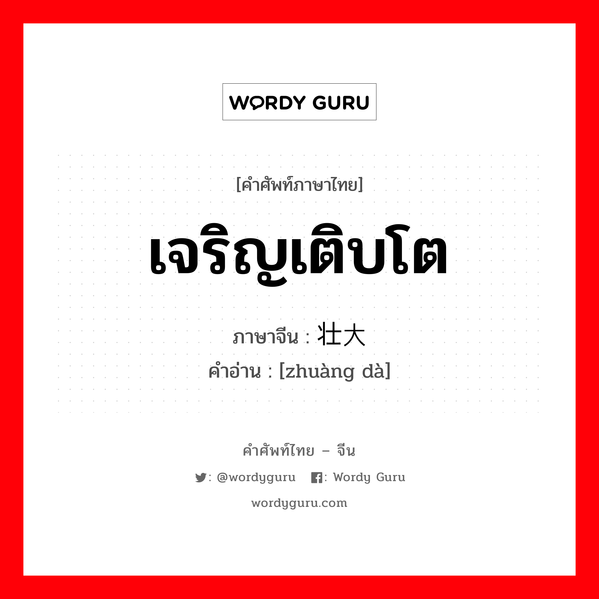 เจริญเติบโต ภาษาจีนคืออะไร, คำศัพท์ภาษาไทย - จีน เจริญเติบโต ภาษาจีน 壮大 คำอ่าน [zhuàng dà]