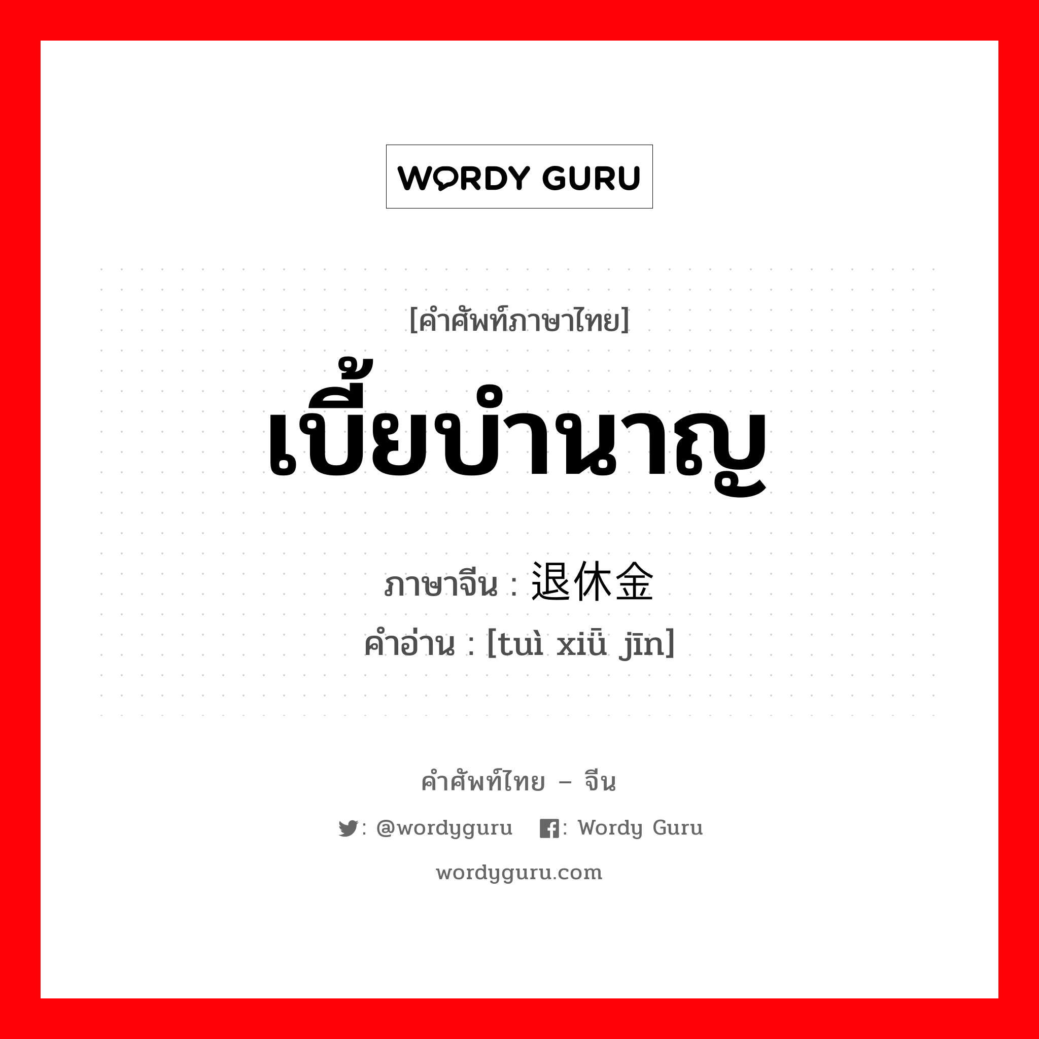 เบี้ยบำนาญ ภาษาจีนคืออะไร, คำศัพท์ภาษาไทย - จีน เบี้ยบำนาญ ภาษาจีน 退休金 คำอ่าน [tuì xiǖ jīn]