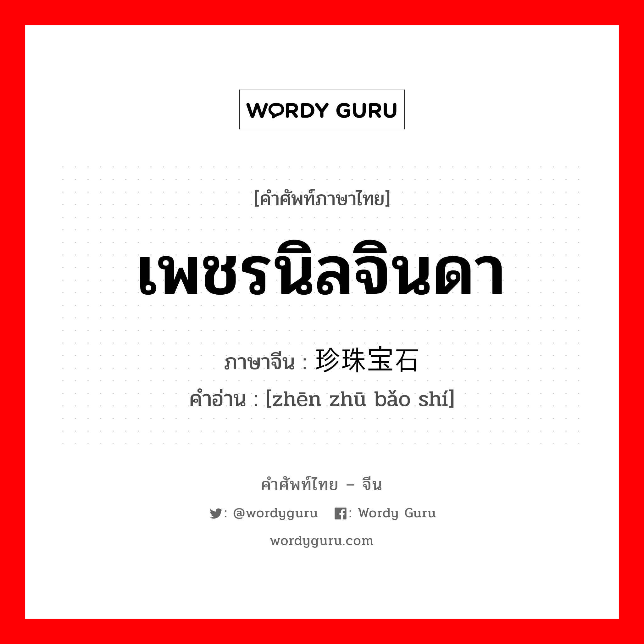 เพชรนิลจินดา ภาษาจีนคืออะไร, คำศัพท์ภาษาไทย - จีน เพชรนิลจินดา ภาษาจีน 珍珠宝石 คำอ่าน [zhēn zhū bǎo shí]