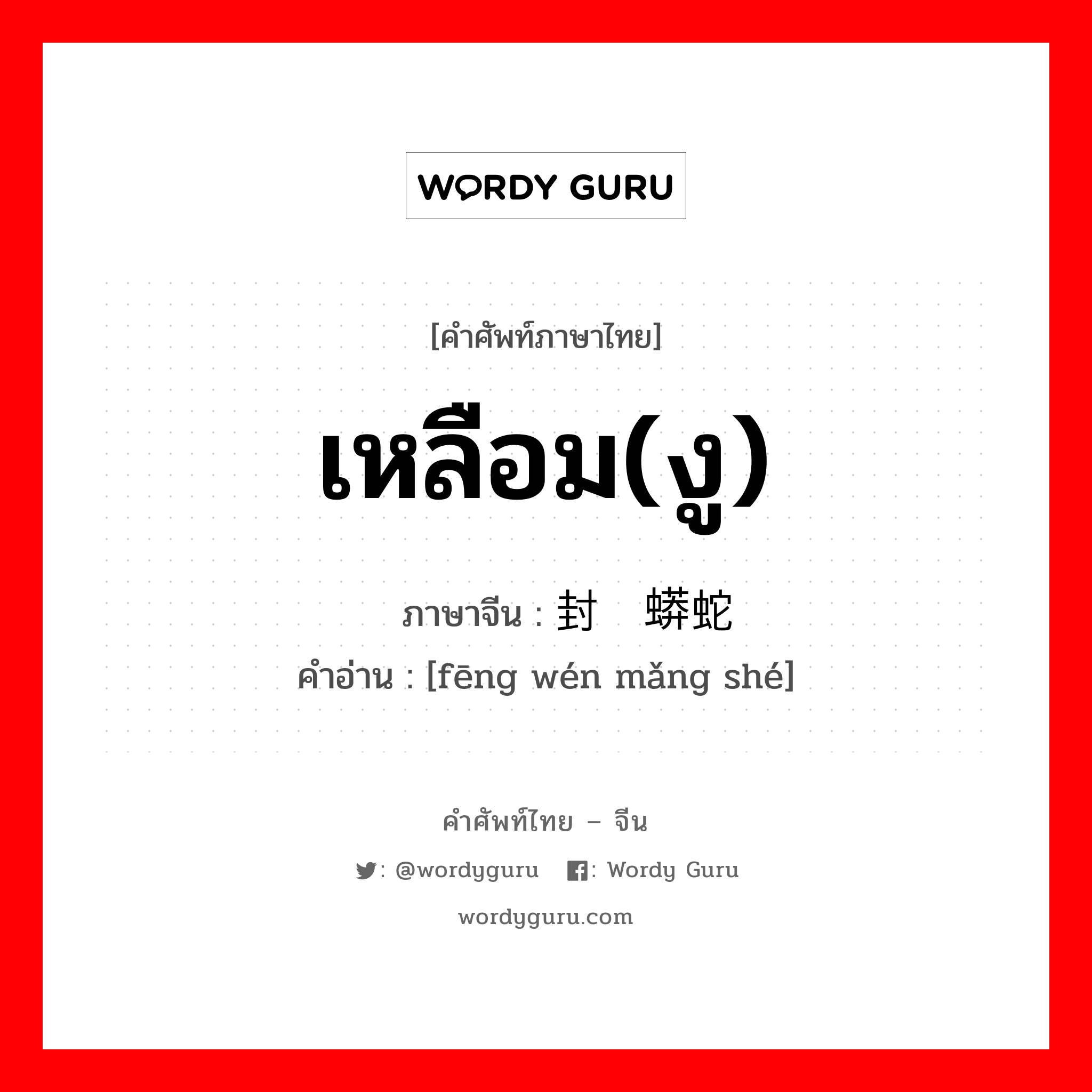 เหลือม(งู) ภาษาจีนคืออะไร, คำศัพท์ภาษาไทย - จีน เหลือม(งู) ภาษาจีน 封纹蟒蛇 คำอ่าน [fēng wén mǎng shé]