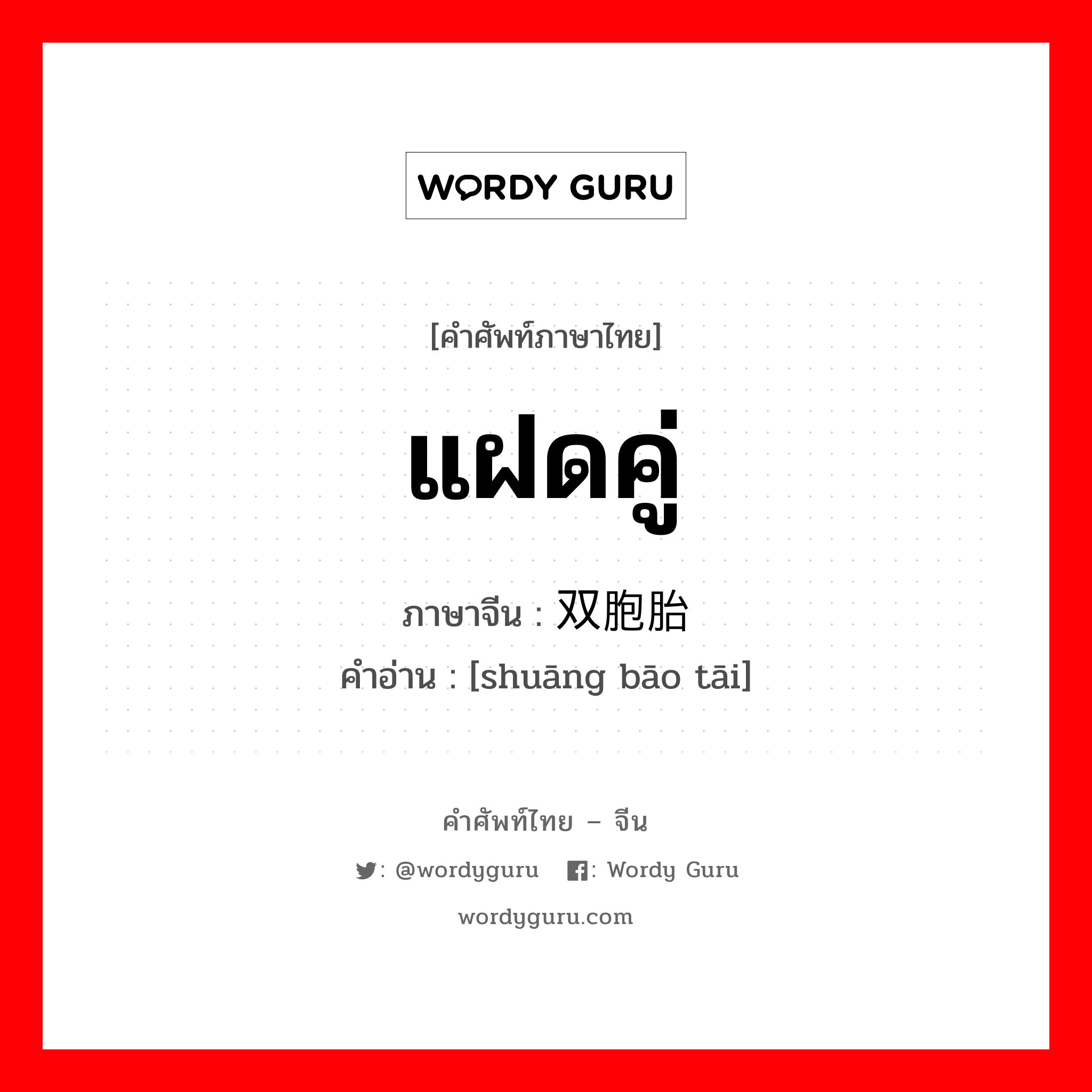 แฝดคู่ ภาษาจีนคืออะไร, คำศัพท์ภาษาไทย - จีน แฝดคู่ ภาษาจีน 双胞胎 คำอ่าน [shuāng bāo tāi]