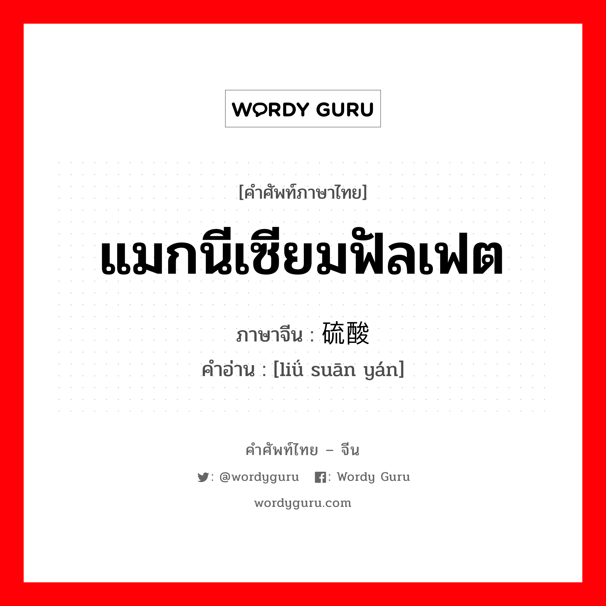 แมกนีเซียมฟัลเฟต ภาษาจีนคืออะไร, คำศัพท์ภาษาไทย - จีน แมกนีเซียมฟัลเฟต ภาษาจีน 硫酸盐 คำอ่าน [liǘ suān yán]