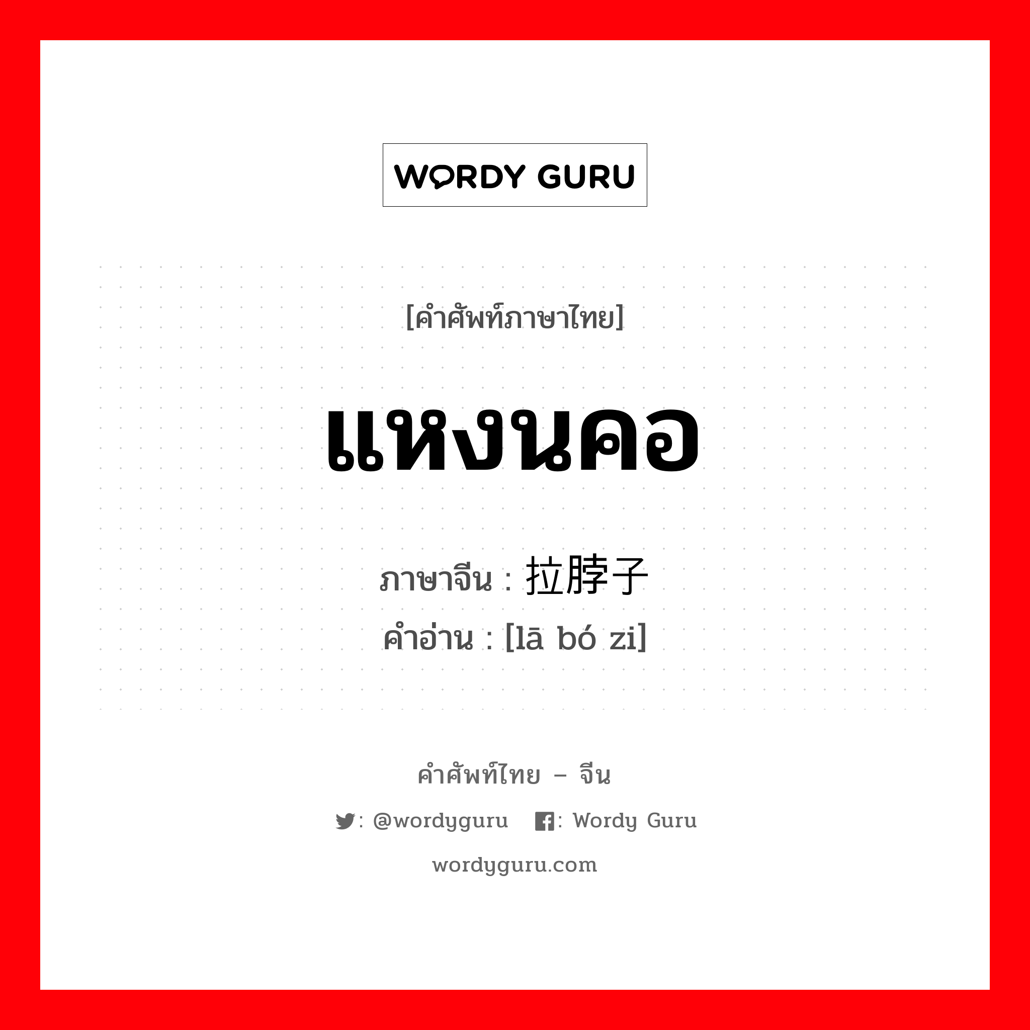 แหงนคอ ภาษาจีนคืออะไร, คำศัพท์ภาษาไทย - จีน แหงนคอ ภาษาจีน 拉脖子 คำอ่าน [lā bó zi]