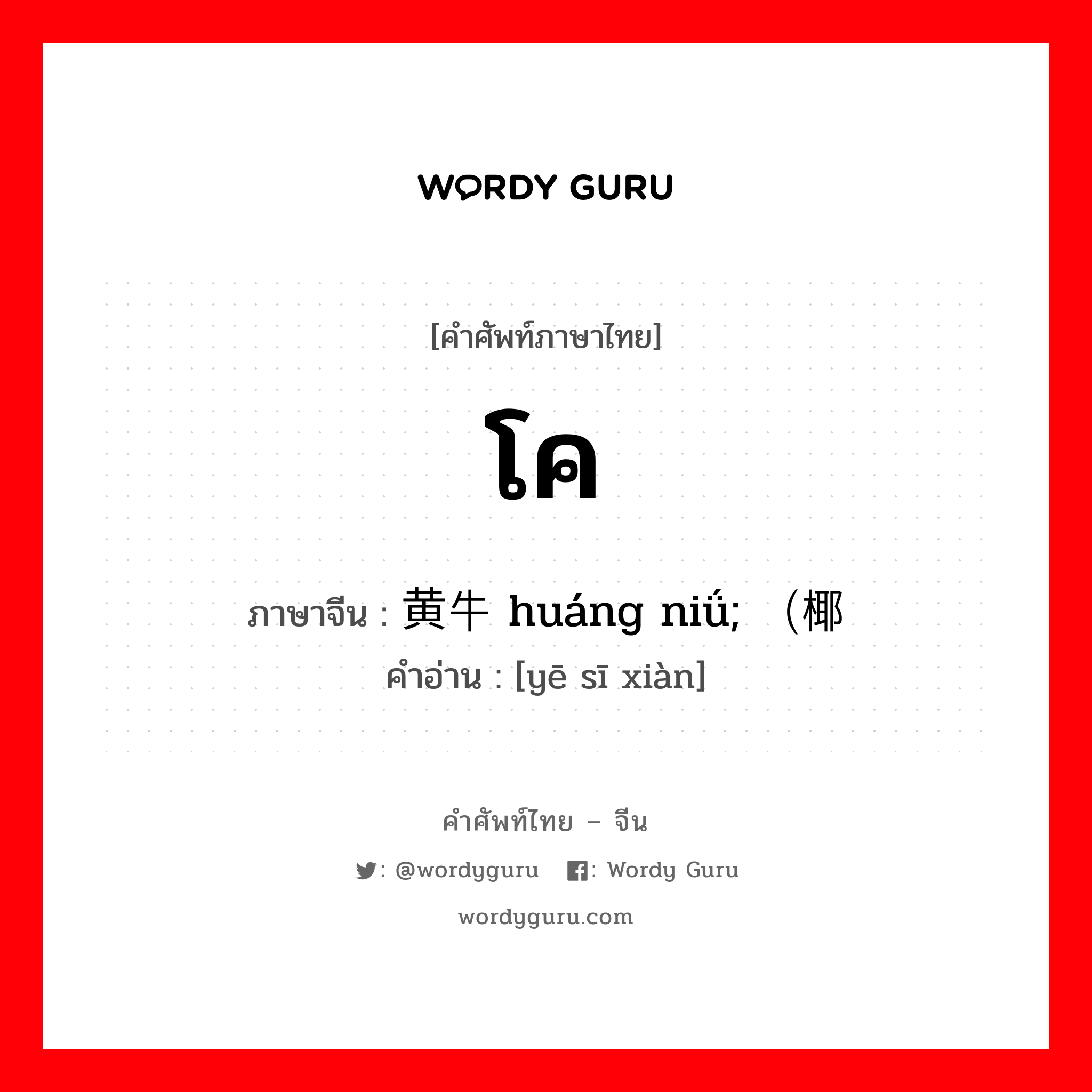 โค ภาษาจีนคืออะไร, คำศัพท์ภาษาไทย - จีน โค ภาษาจีน 黄牛 huáng niǘ; （椰丝馅 คำอ่าน [yē sī xiàn]