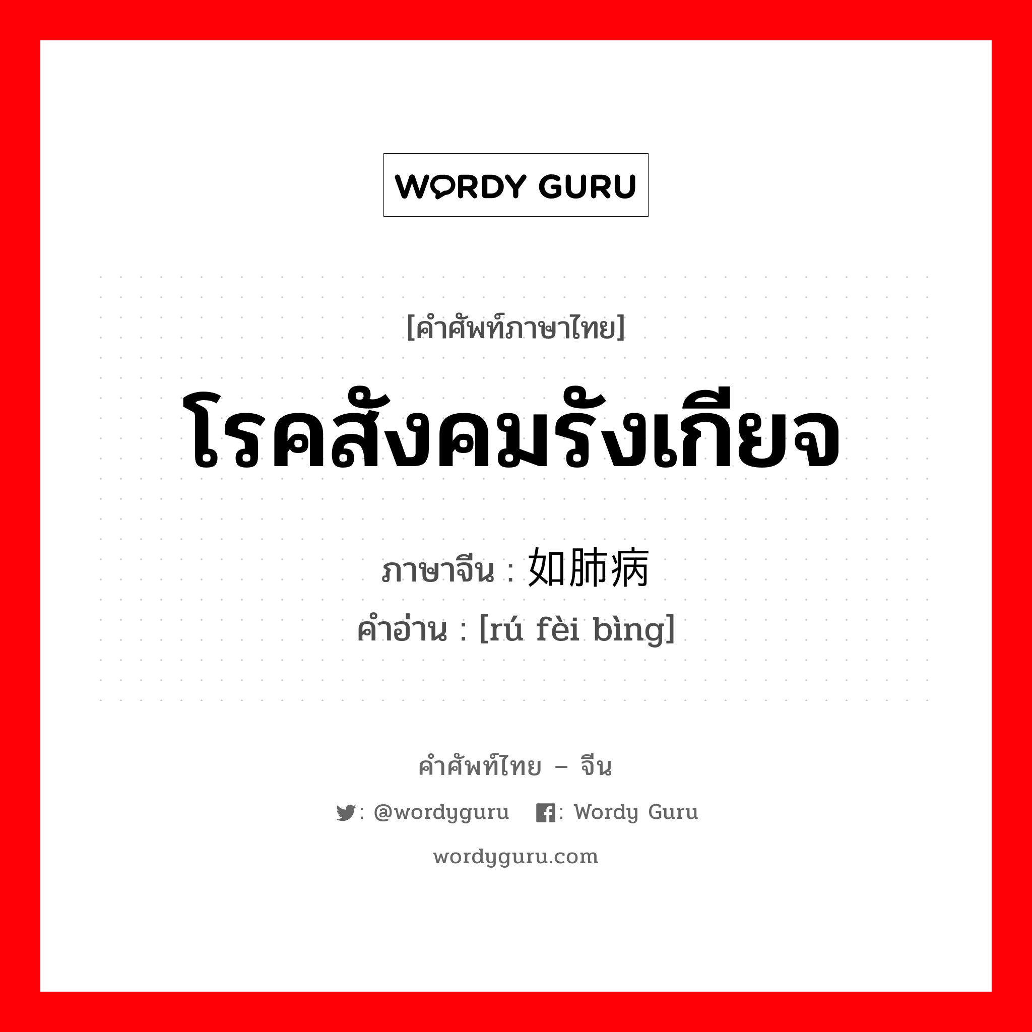 โรคสังคมรังเกียจ ภาษาจีนคืออะไร, คำศัพท์ภาษาไทย - จีน โรคสังคมรังเกียจ ภาษาจีน 如肺病 คำอ่าน [rú fèi bìng]