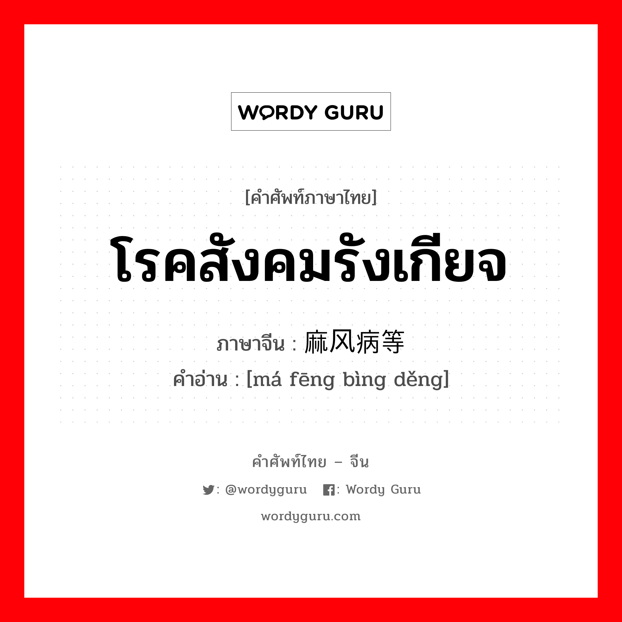 โรคสังคมรังเกียจ ภาษาจีนคืออะไร, คำศัพท์ภาษาไทย - จีน โรคสังคมรังเกียจ ภาษาจีน 麻风病等 คำอ่าน [má fēng bìng děng]