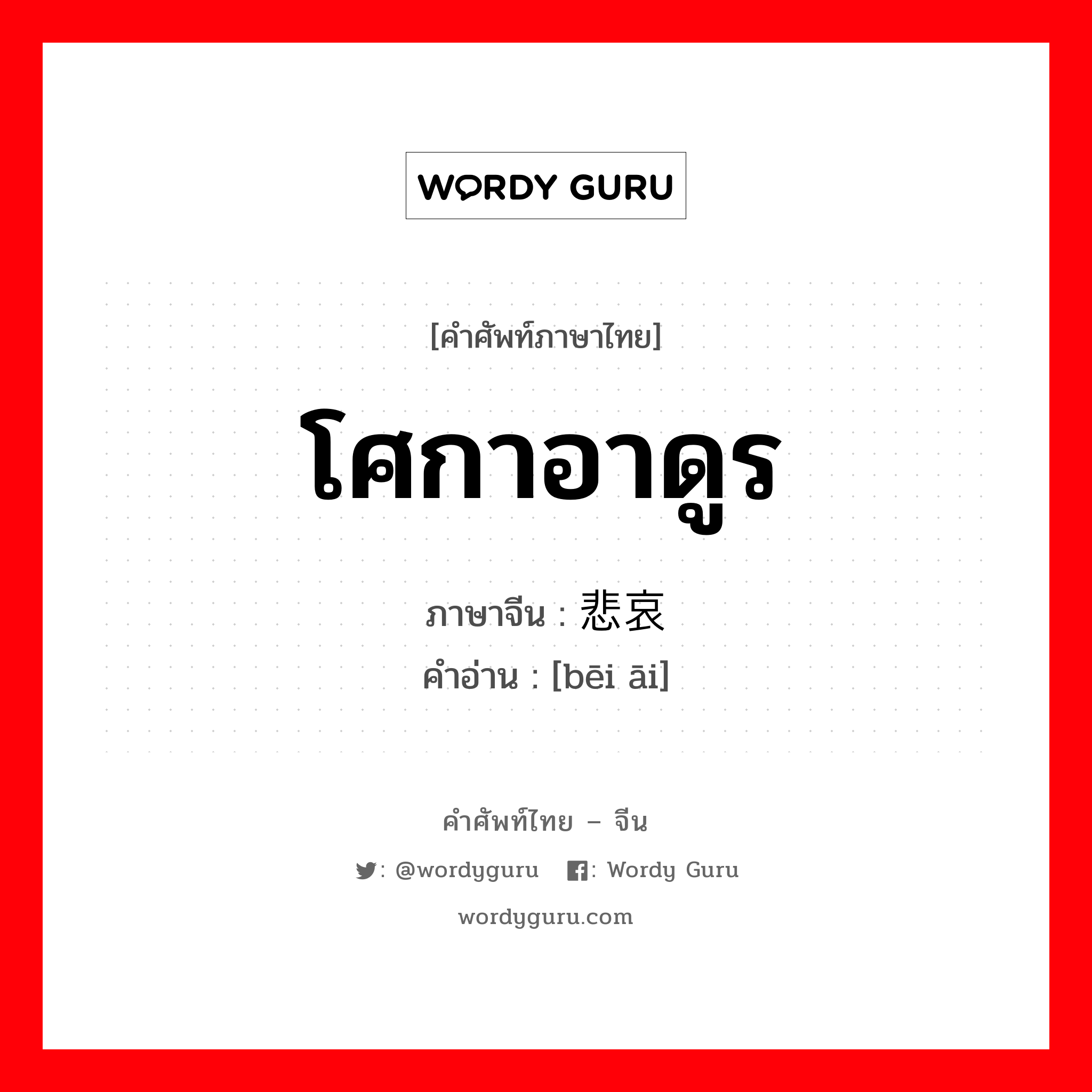 โศกาอาดูร ภาษาจีนคืออะไร, คำศัพท์ภาษาไทย - จีน โศกาอาดูร ภาษาจีน 悲哀 คำอ่าน [bēi āi]