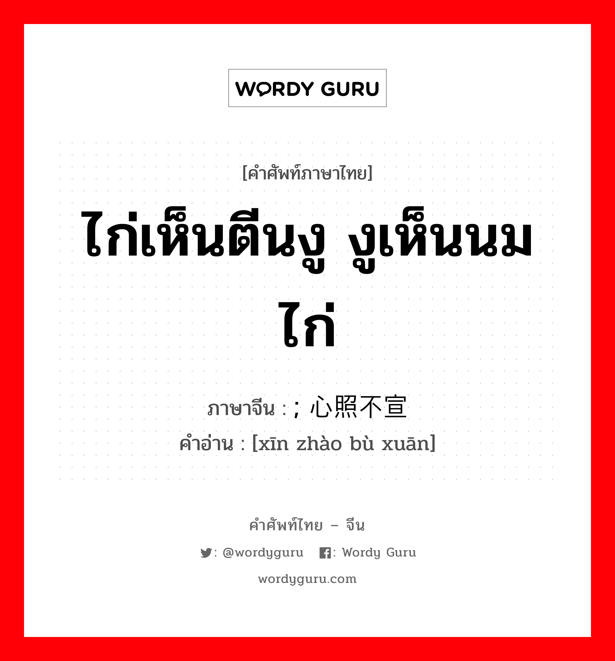 ไก่เห็นตีนงู งูเห็นนมไก่ ภาษาจีนคืออะไร, คำศัพท์ภาษาไทย - จีน ไก่เห็นตีนงู งูเห็นนมไก่ ภาษาจีน ; 心照不宣 คำอ่าน [xīn zhào bù xuān]