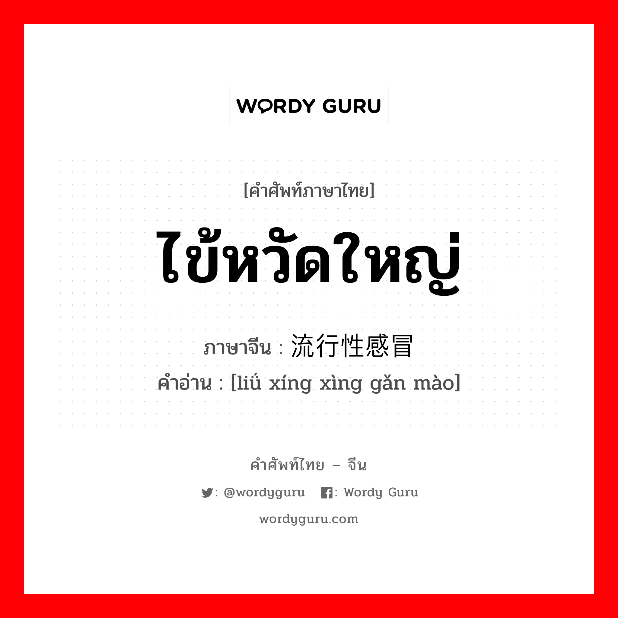 ไข้หวัดใหญ่ ภาษาจีนคืออะไร, คำศัพท์ภาษาไทย - จีน ไข้หวัดใหญ่ ภาษาจีน 流行性感冒 คำอ่าน [liǘ xíng xìng gǎn mào]