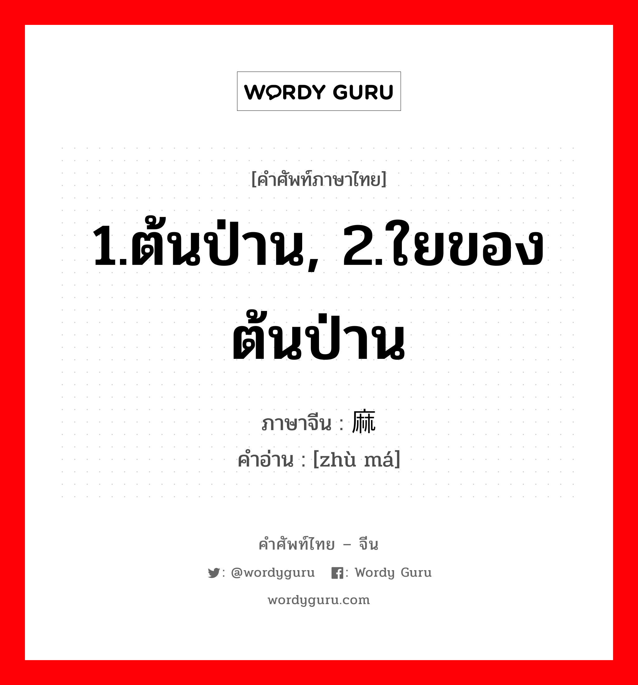 1.ต้นป่าน, 2.ใยของต้นป่าน ภาษาจีนคืออะไร, คำศัพท์ภาษาไทย - จีน 1.ต้นป่าน, 2.ใยของต้นป่าน ภาษาจีน 苎麻 คำอ่าน [zhù má]