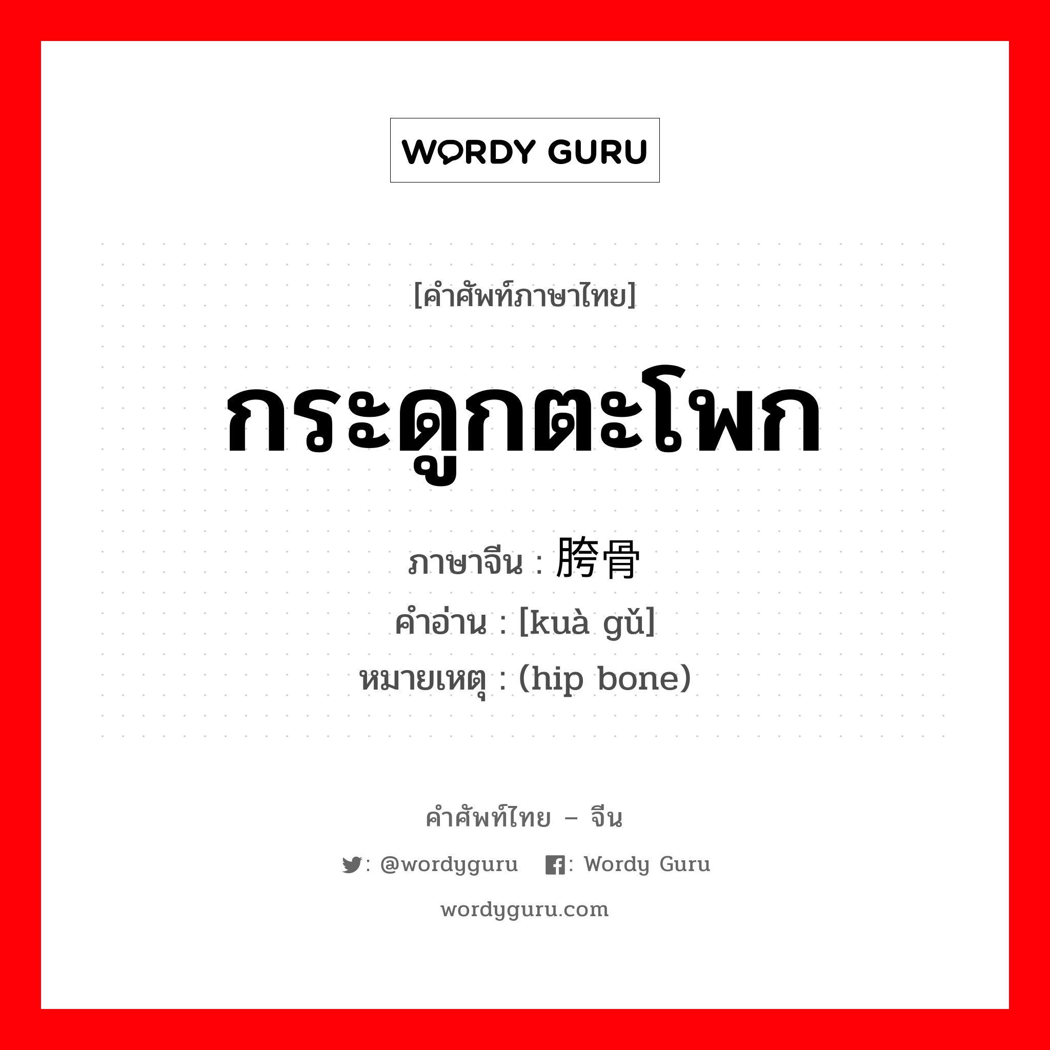 กระดูกตะโพก ภาษาจีนคืออะไร, คำศัพท์ภาษาไทย - จีน กระดูกตะโพก ภาษาจีน 胯骨 คำอ่าน [kuà gǔ] หมายเหตุ (hip bone)