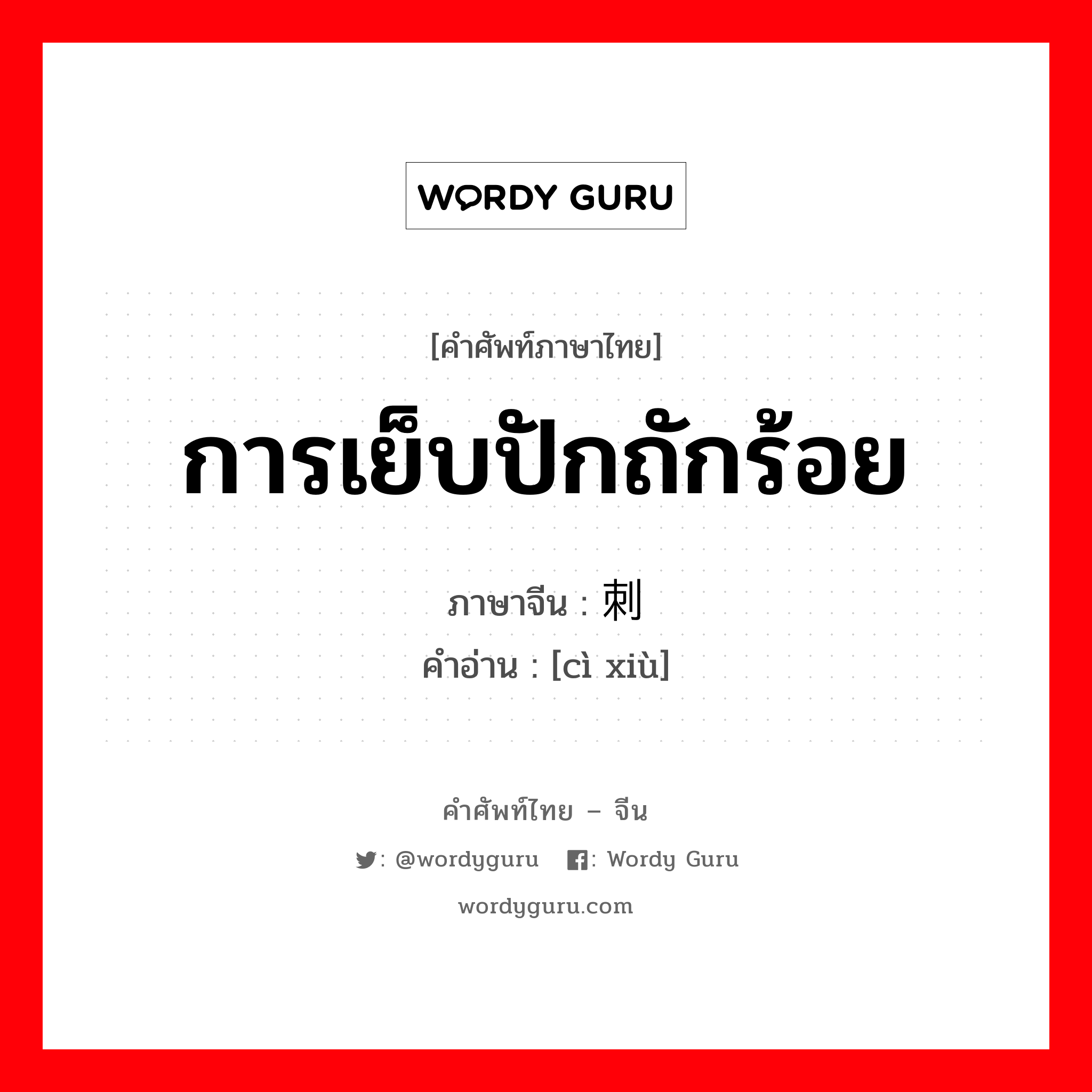 การเย็บปักถักร้อย ภาษาจีนคืออะไร, คำศัพท์ภาษาไทย - จีน การเย็บปักถักร้อย ภาษาจีน 刺绣 คำอ่าน [cì xiù]