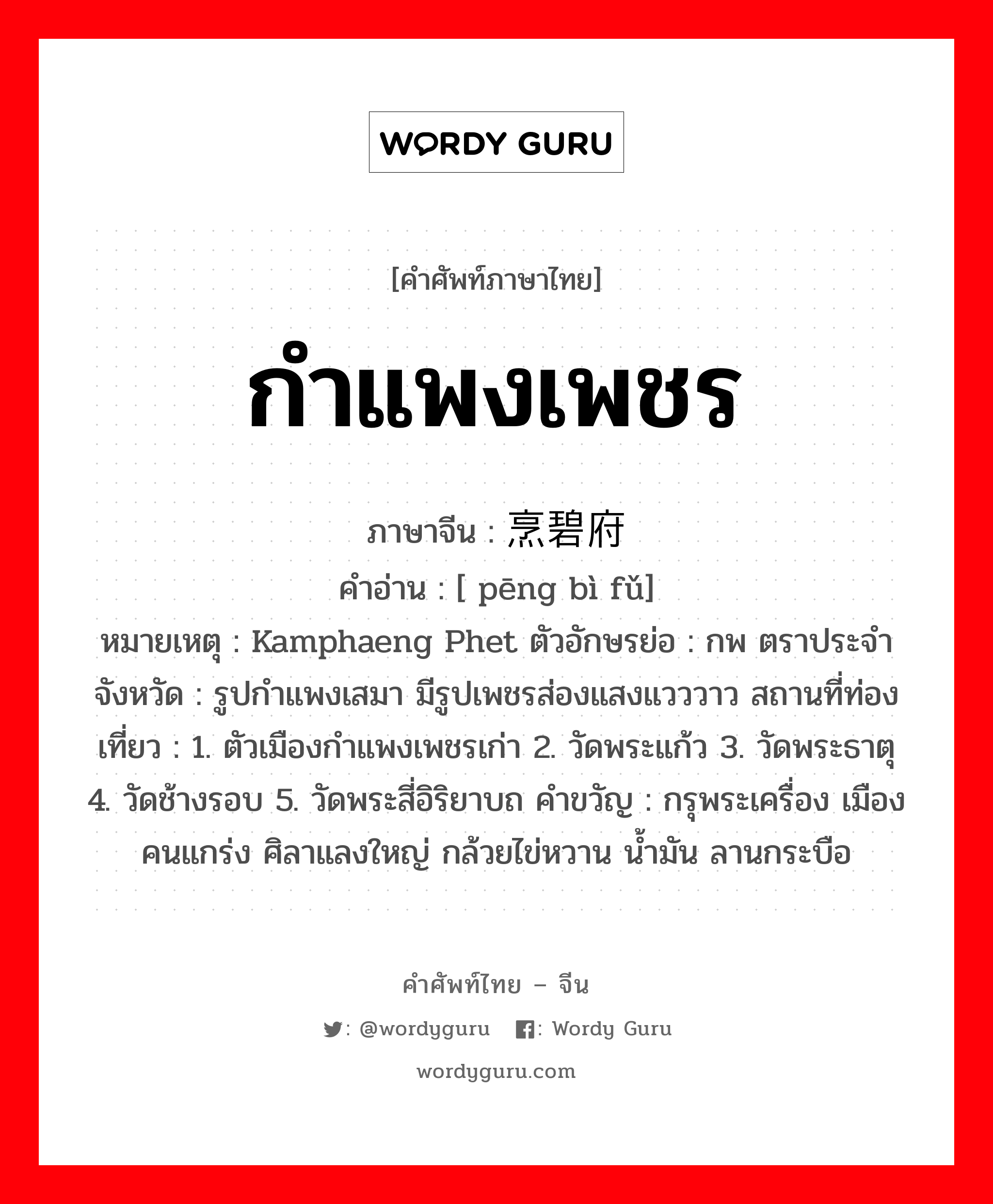 กำแพงเพชร ภาษาจีนคืออะไร, คำศัพท์ภาษาไทย - จีน กำแพงเพชร ภาษาจีน 烹碧府 คำอ่าน [ pēng bì fǔ] หมายเหตุ Kamphaeng Phet ตัวอักษรย่อ : กพ ตราประจำจังหวัด : รูปกำแพงเสมา มีรูปเพชรส่องแสงแวววาว สถานที่ท่องเที่ยว : 1. ตัวเมืองกำแพงเพชรเก่า 2. วัดพระแก้ว 3. วัดพระธาตุ 4. วัดช้างรอบ 5. วัดพระสี่อิริยาบถ คำขวัญ : กรุพระเครื่อง เมืองคนแกร่ง ศิลาแลงใหญ่ กล้วยไข่หวาน น้ำมัน ลานกระบือ