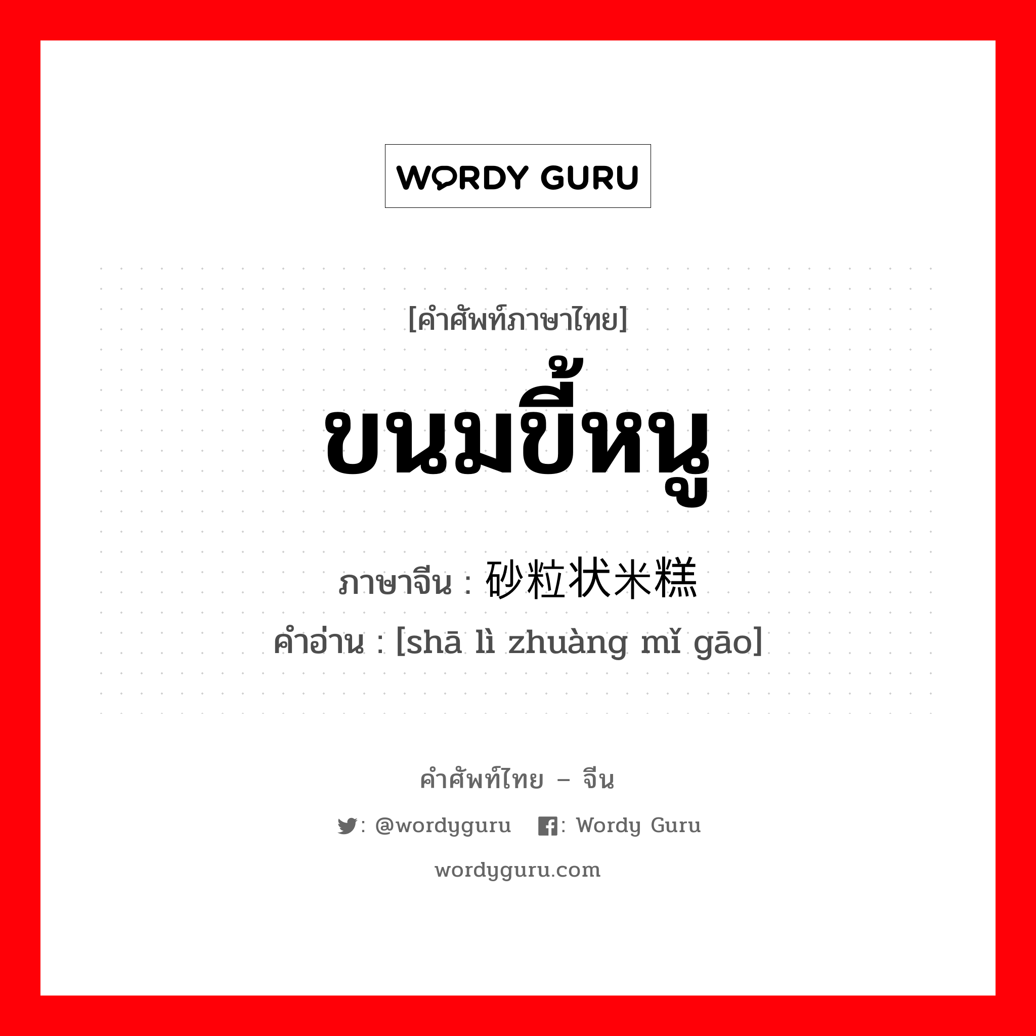 ขนมขี้หนู ภาษาจีนคืออะไร, คำศัพท์ภาษาไทย - จีน ขนมขี้หนู ภาษาจีน 砂粒状米糕 คำอ่าน [shā lì zhuàng mǐ gāo]