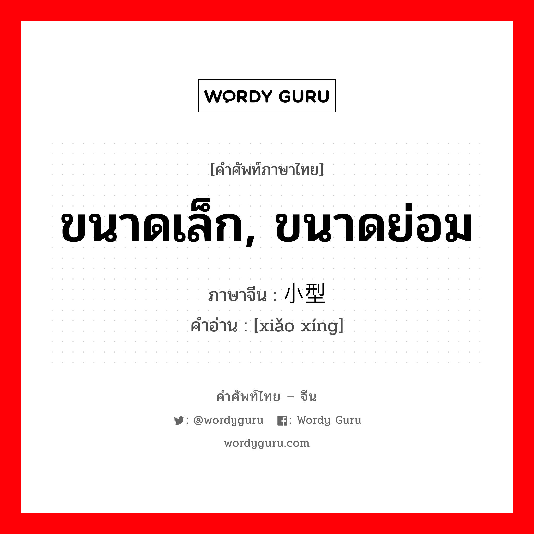 ขนาดเล็ก, ขนาดย่อม ภาษาจีนคืออะไร, คำศัพท์ภาษาไทย - จีน ขนาดเล็ก, ขนาดย่อม ภาษาจีน 小型 คำอ่าน [xiǎo xíng]