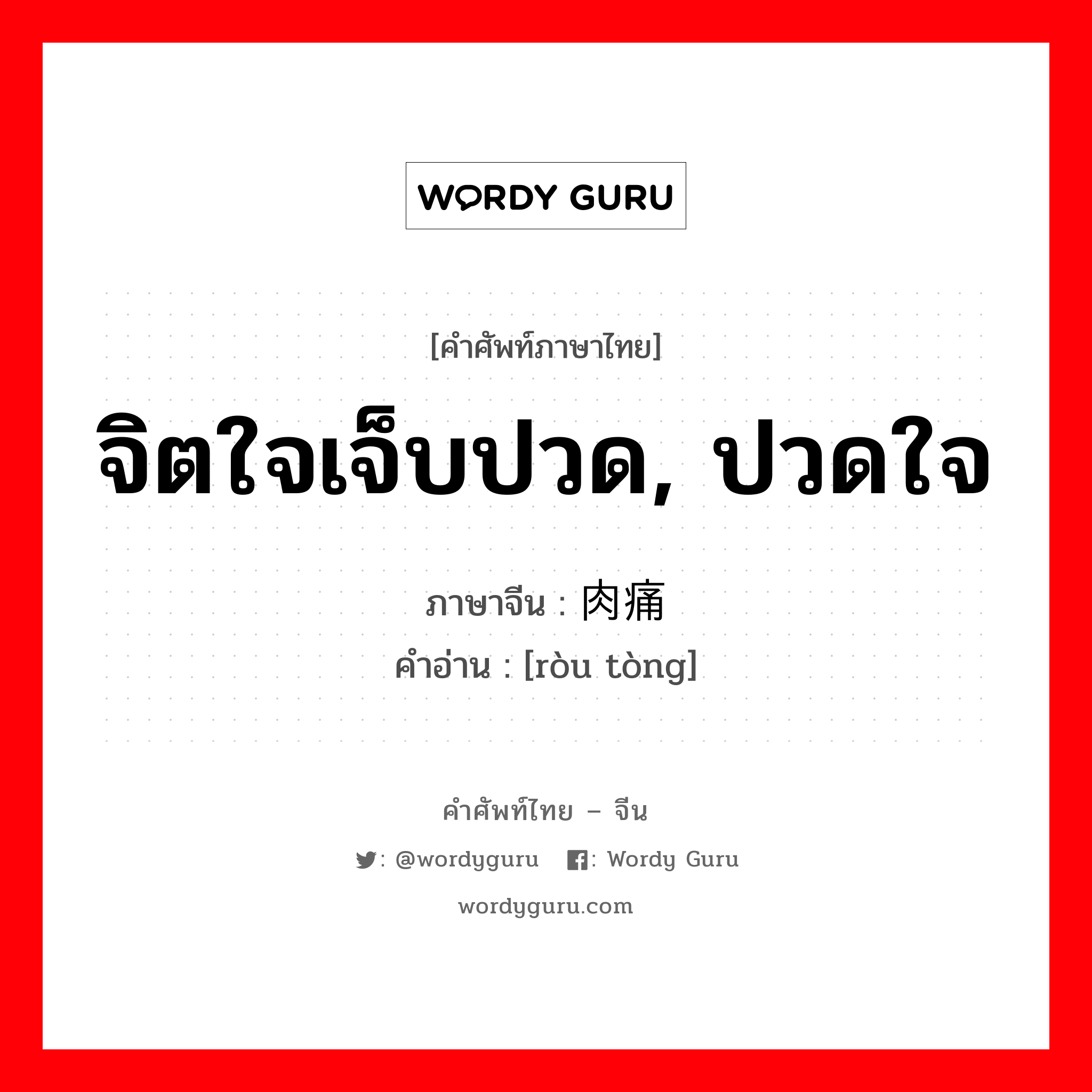 จิตใจเจ็บปวด, ปวดใจ ภาษาจีนคืออะไร, คำศัพท์ภาษาไทย - จีน จิตใจเจ็บปวด, ปวดใจ ภาษาจีน 肉痛 คำอ่าน [ròu tòng]