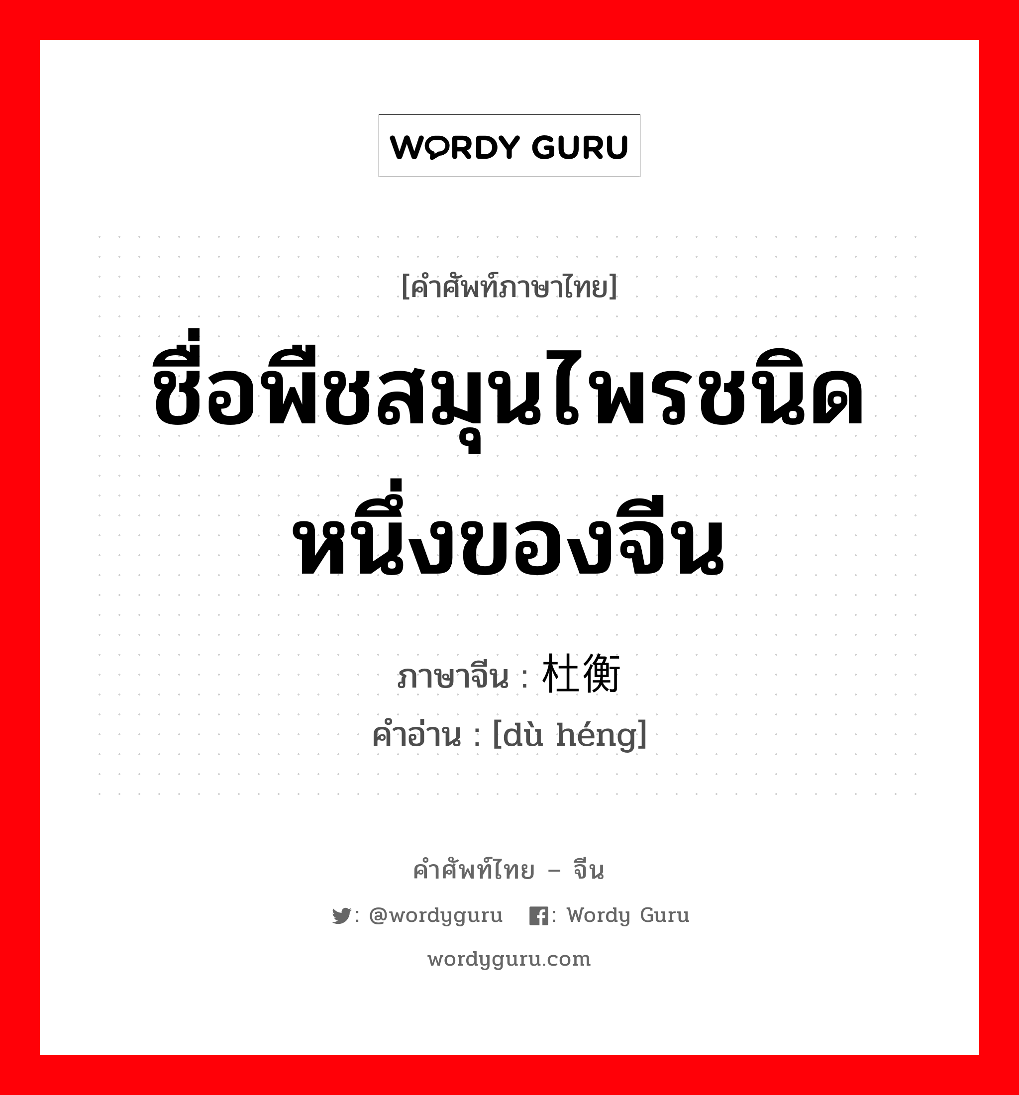 ชื่อพืชสมุนไพรชนิดหนึ่งของจีน ภาษาจีนคืออะไร, คำศัพท์ภาษาไทย - จีน ชื่อพืชสมุนไพรชนิดหนึ่งของจีน ภาษาจีน 杜衡 คำอ่าน [dù héng]