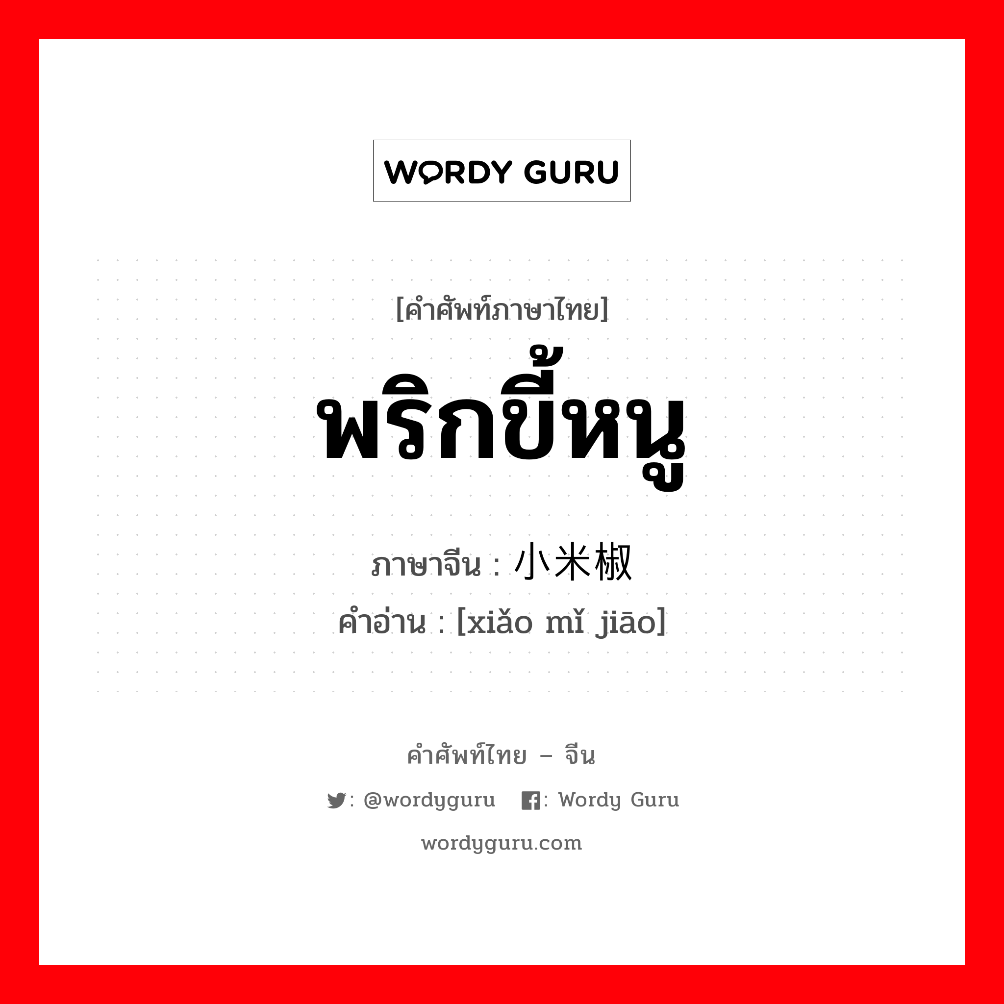 พริกขี้หนู ภาษาจีนคืออะไร, คำศัพท์ภาษาไทย - จีน พริกขี้หนู ภาษาจีน 小米椒 คำอ่าน [xiǎo mǐ jiāo]