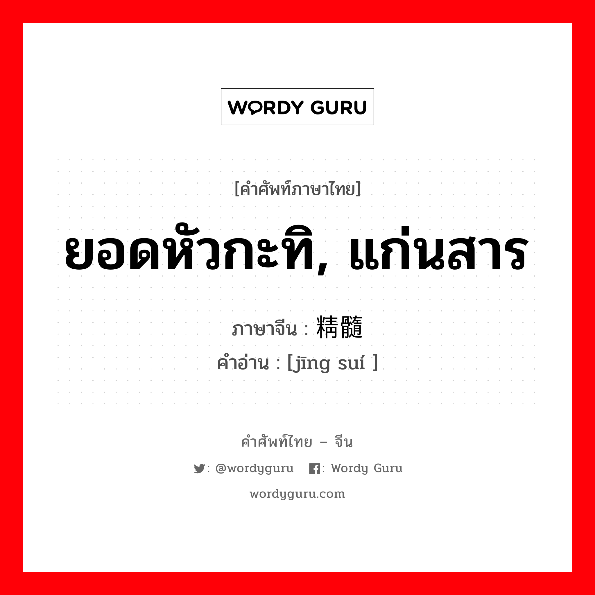 ยอดหัวกะทิ, แก่นสาร ภาษาจีนคืออะไร, คำศัพท์ภาษาไทย - จีน ยอดหัวกะทิ, แก่นสาร ภาษาจีน 精髓 คำอ่าน [jīng suí ]