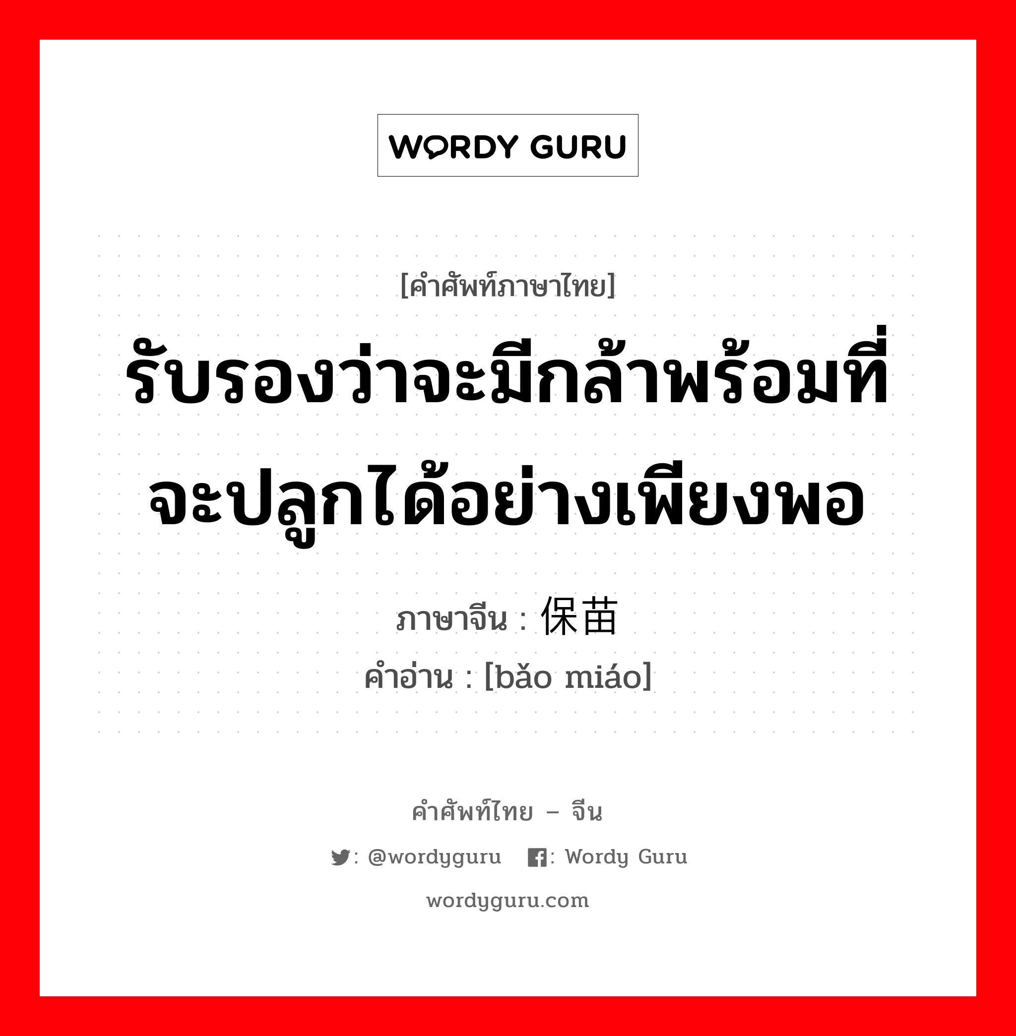 รับรองว่าจะมีกล้าพร้อมที่จะปลูกได้อย่างเพียงพอ ภาษาจีนคืออะไร, คำศัพท์ภาษาไทย - จีน รับรองว่าจะมีกล้าพร้อมที่จะปลูกได้อย่างเพียงพอ ภาษาจีน 保苗 คำอ่าน [bǎo miáo]