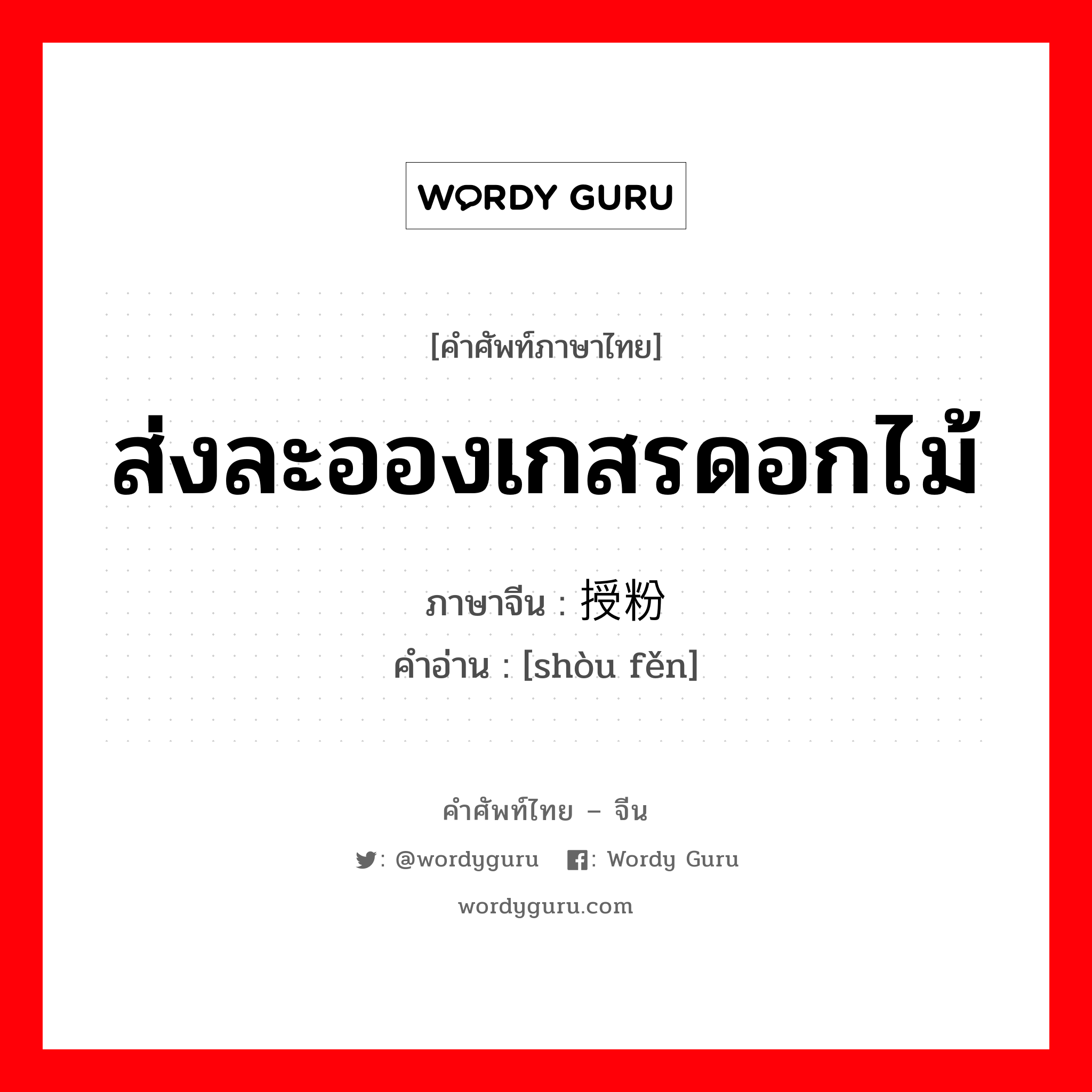 ส่งละอองเกสรดอกไม้ ภาษาจีนคืออะไร, คำศัพท์ภาษาไทย - จีน ส่งละอองเกสรดอกไม้ ภาษาจีน 授粉 คำอ่าน [shòu fěn]