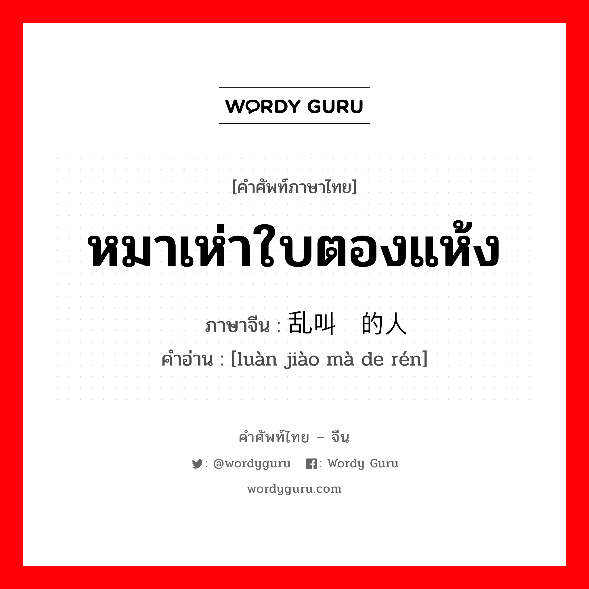 หมาเห่าใบตองแห้ง ภาษาจีนคืออะไร, คำศัพท์ภาษาไทย - จีน หมาเห่าใบตองแห้ง ภาษาจีน 乱叫骂的人 คำอ่าน [luàn jiào mà de rén]