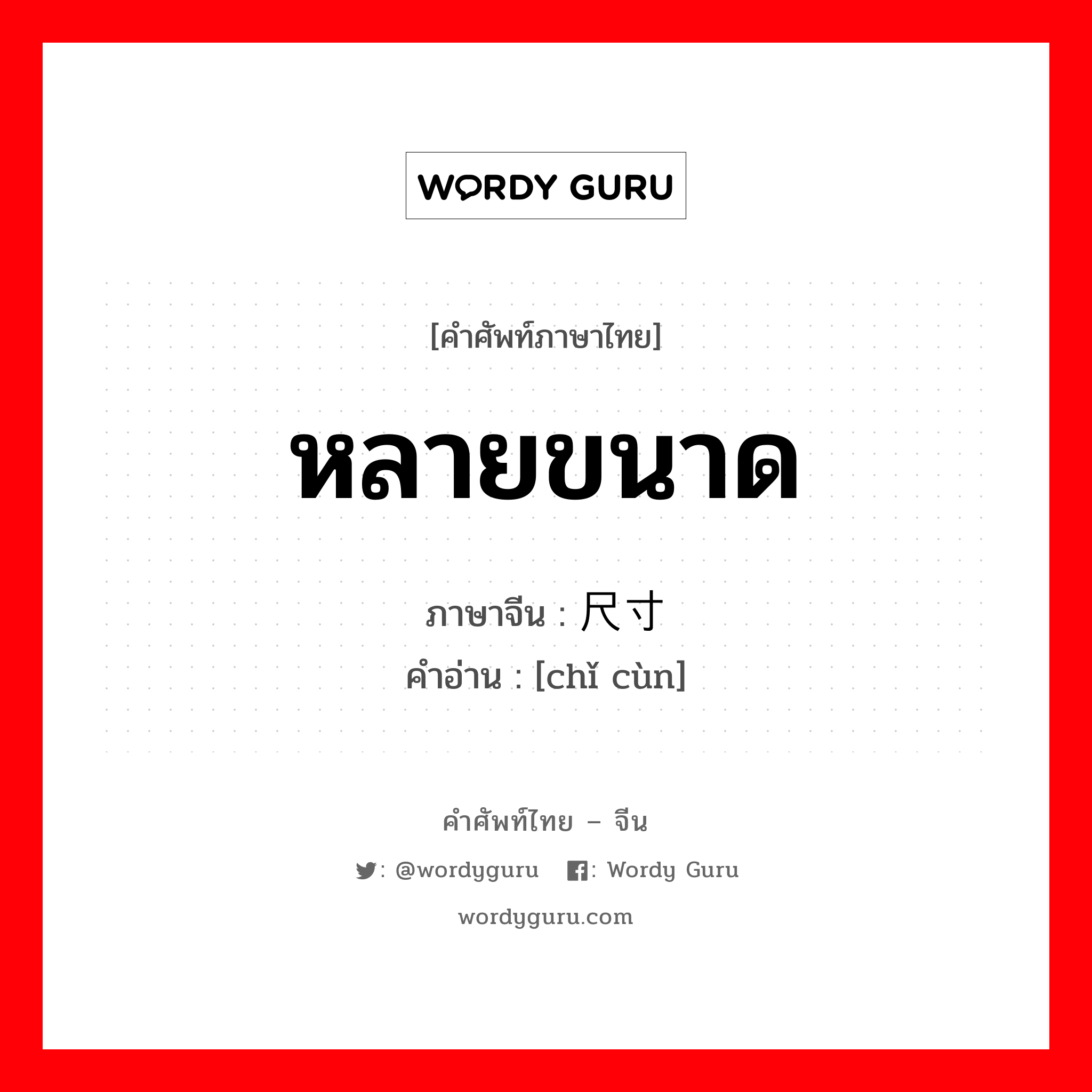 หลายขนาด ภาษาจีนคืออะไร, คำศัพท์ภาษาไทย - จีน หลายขนาด ภาษาจีน 尺寸 คำอ่าน [chǐ cùn]