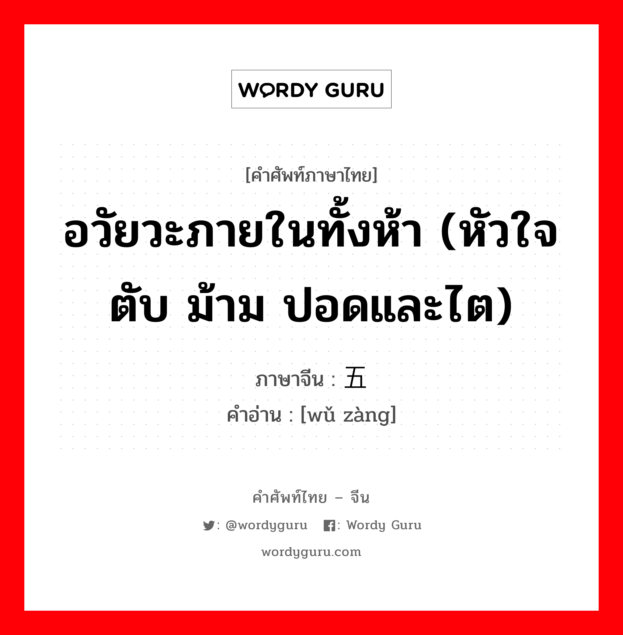 อวัยวะภายในทั้งห้า (หัวใจ ตับ ม้าม ปอดและไต) ภาษาจีนคืออะไร, คำศัพท์ภาษาไทย - จีน อวัยวะภายในทั้งห้า (หัวใจ ตับ ม้าม ปอดและไต) ภาษาจีน 五脏 คำอ่าน [wǔ zàng]