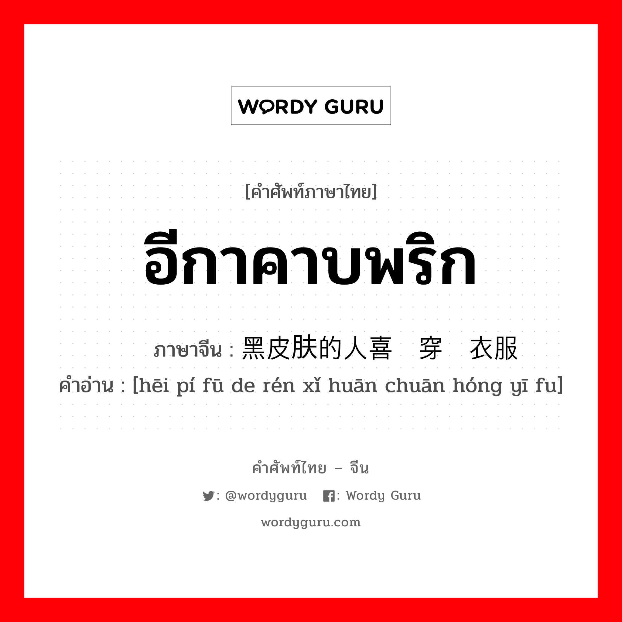 อีกาคาบพริก ภาษาจีนคืออะไร, คำศัพท์ภาษาไทย - จีน อีกาคาบพริก ภาษาจีน 黑皮肤的人喜欢穿红衣服 คำอ่าน [hēi pí fū de rén xǐ huān chuān hóng yī fu]