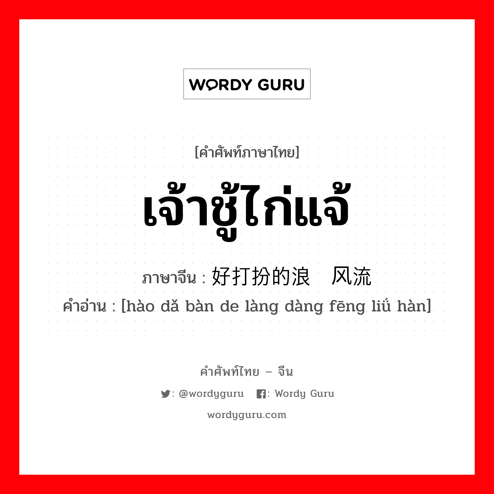 เจ้าชู้ไก่แจ้ ภาษาจีนคืออะไร, คำศัพท์ภาษาไทย - จีน เจ้าชู้ไก่แจ้ ภาษาจีน 好打扮的浪荡风流汉 คำอ่าน [hào dǎ bàn de làng dàng fēng liǘ hàn]