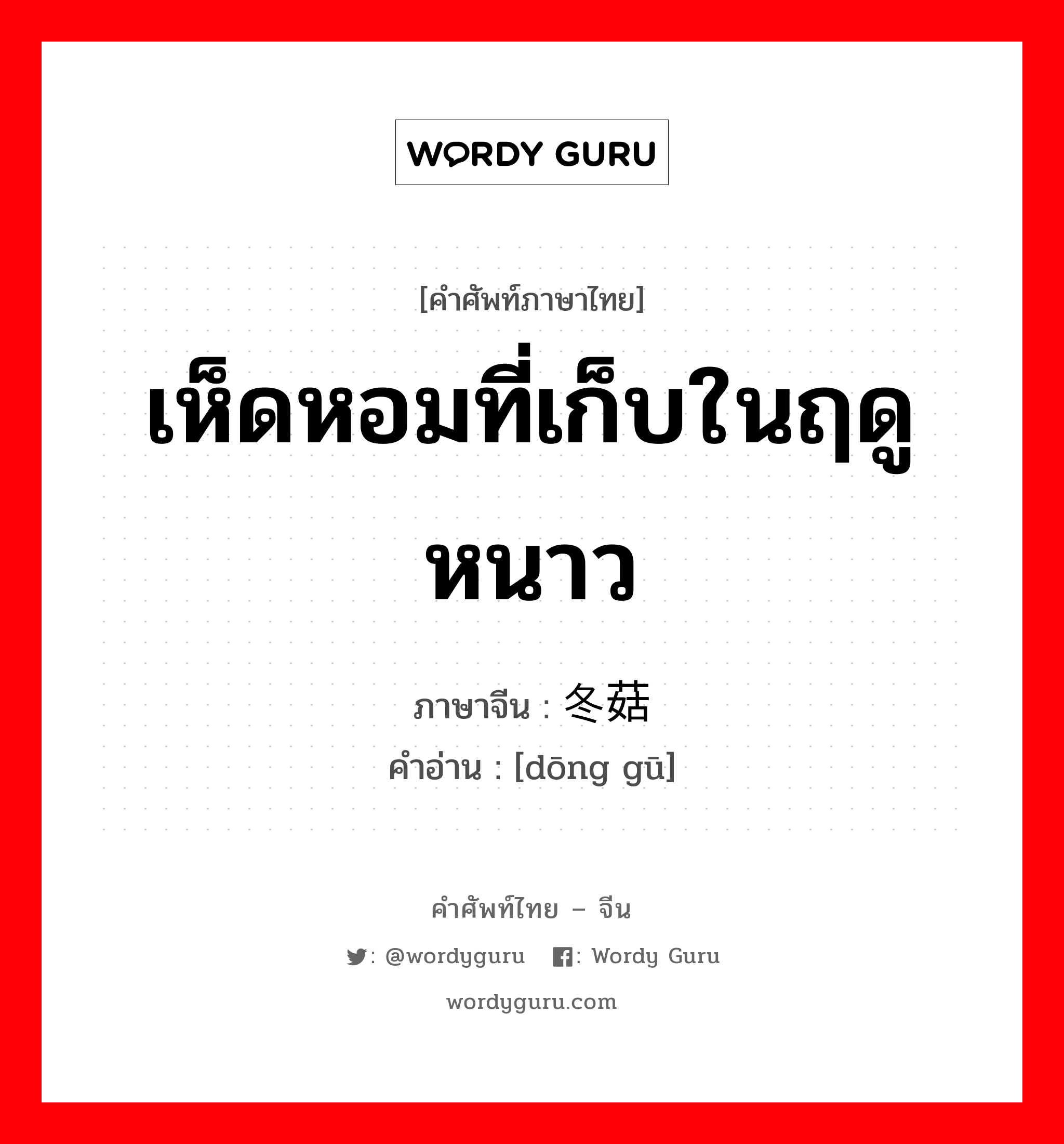 เห็ดหอมที่เก็บในฤดูหนาว ภาษาจีนคืออะไร, คำศัพท์ภาษาไทย - จีน เห็ดหอมที่เก็บในฤดูหนาว ภาษาจีน 冬菇 คำอ่าน [dōng gū]