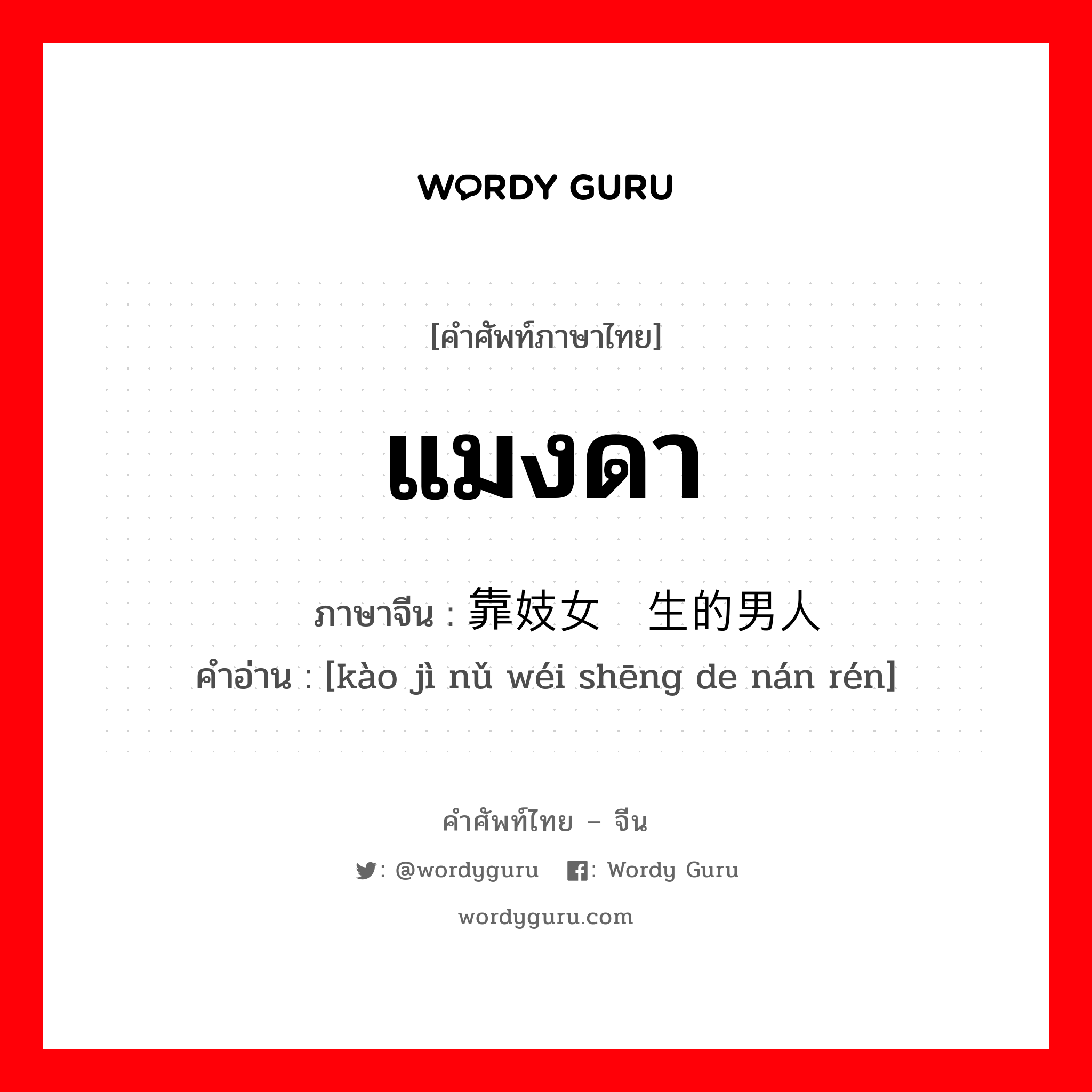 แมงดา ภาษาจีนคืออะไร, คำศัพท์ภาษาไทย - จีน แมงดา ภาษาจีน 靠妓女为生的男人 คำอ่าน [kào jì nǔ wéi shēng de nán rén]