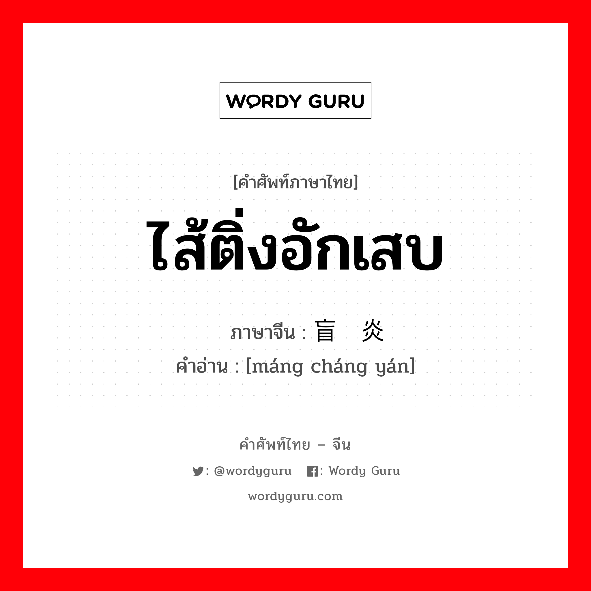 ไส้ติ่งอักเสบ ภาษาจีนคืออะไร, คำศัพท์ภาษาไทย - จีน ไส้ติ่งอักเสบ ภาษาจีน 盲肠炎 คำอ่าน [máng cháng yán]