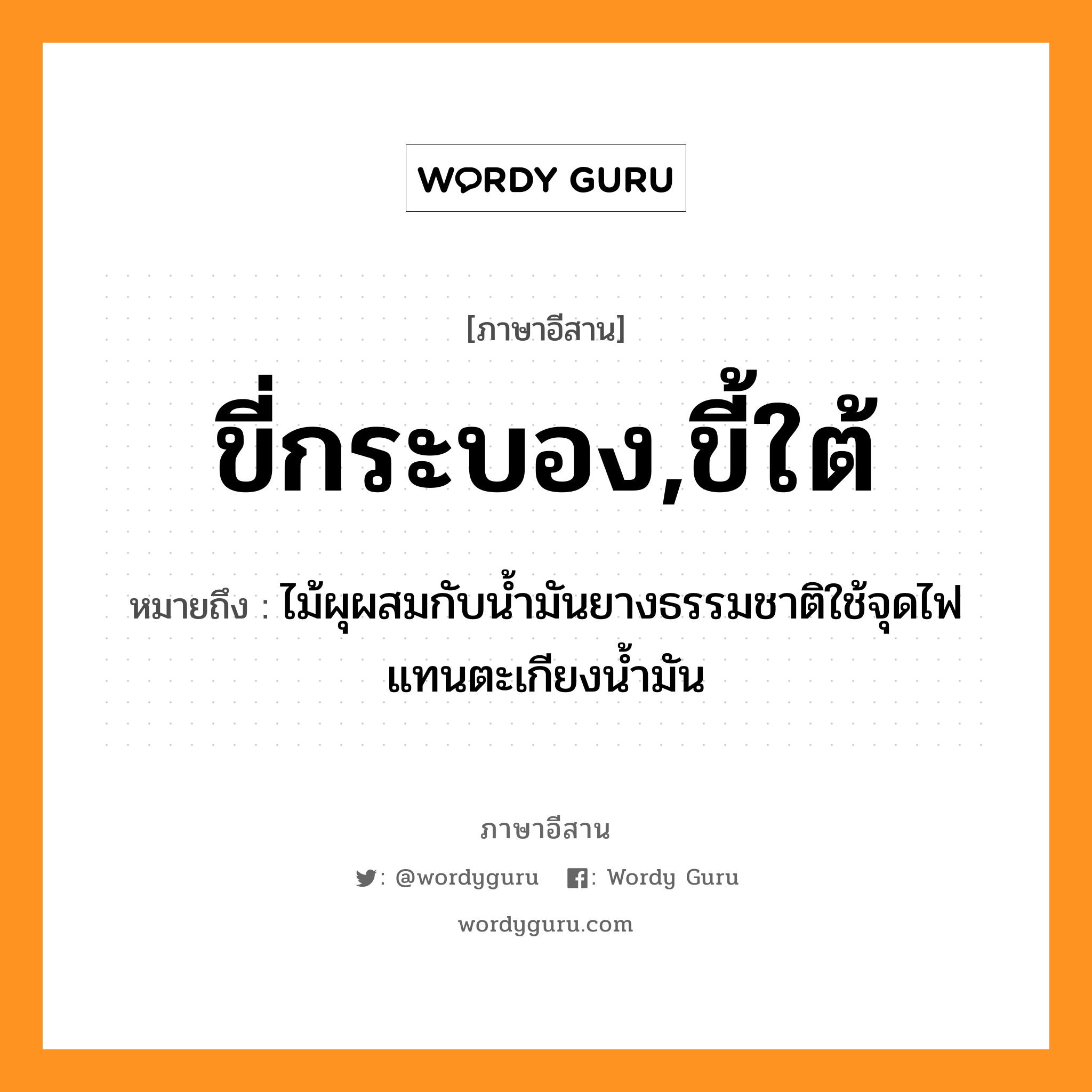 ขี่กระบอง,ขี้ใต้ หมายถึงอะไร, ภาษาอีสาน ขี่กระบอง,ขี้ใต้ หมายถึง ไม้ผุผสมกับน้ำมันยางธรรมชาติใช้จุดไฟแทนตะเกียงน้ำมัน หมวด ขี่ - กระ - บอง,ขี้ - ใต้