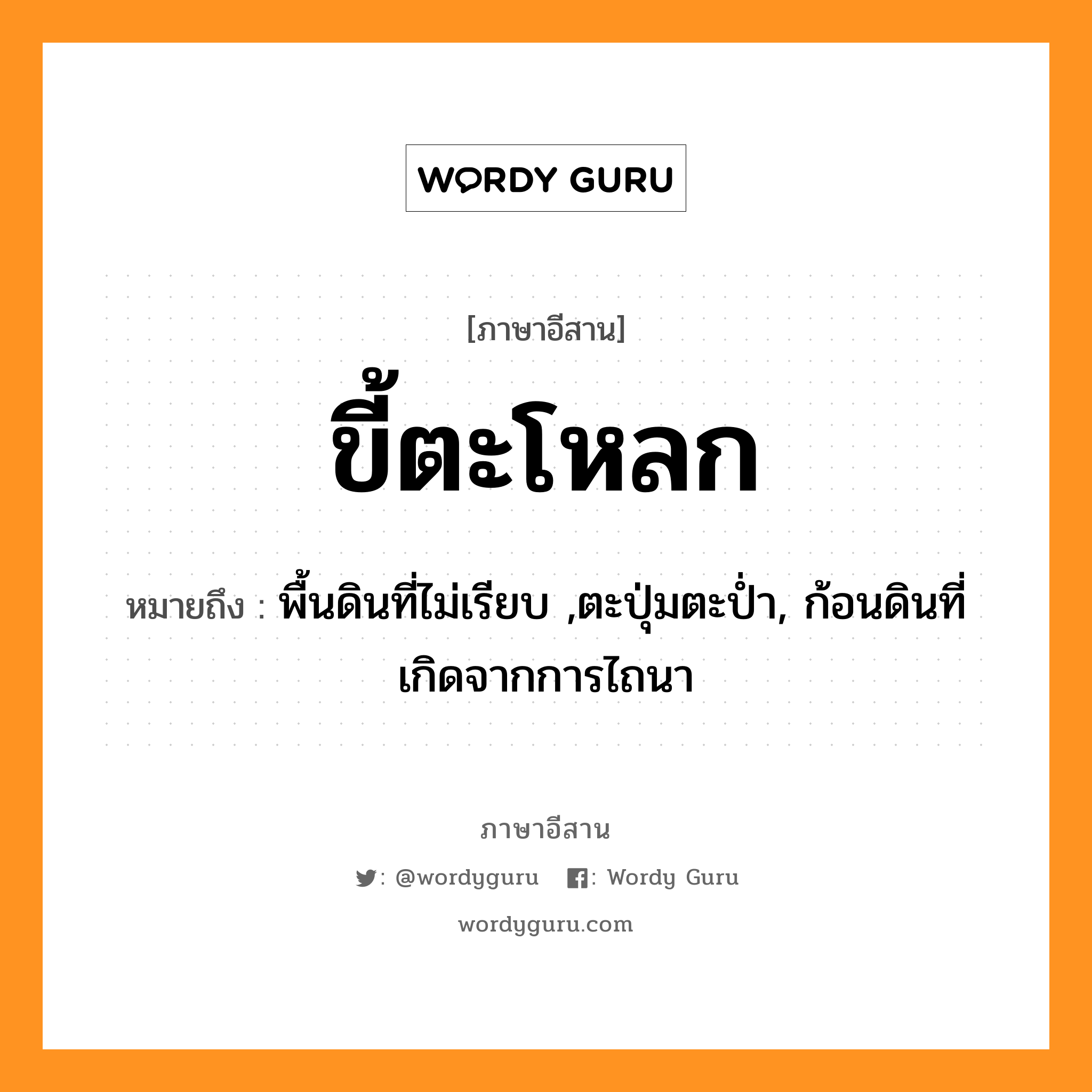 ขี้ตะโหลก หมายถึงอะไร, ภาษาอีสาน ขี้ตะโหลก หมายถึง พื้นดินที่ไม่เรียบ ,ตะปุ่มตะป่ำ, ก้อนดินที่เกิดจากการไถนา หมวด ขี้ - ตะ - โหลก