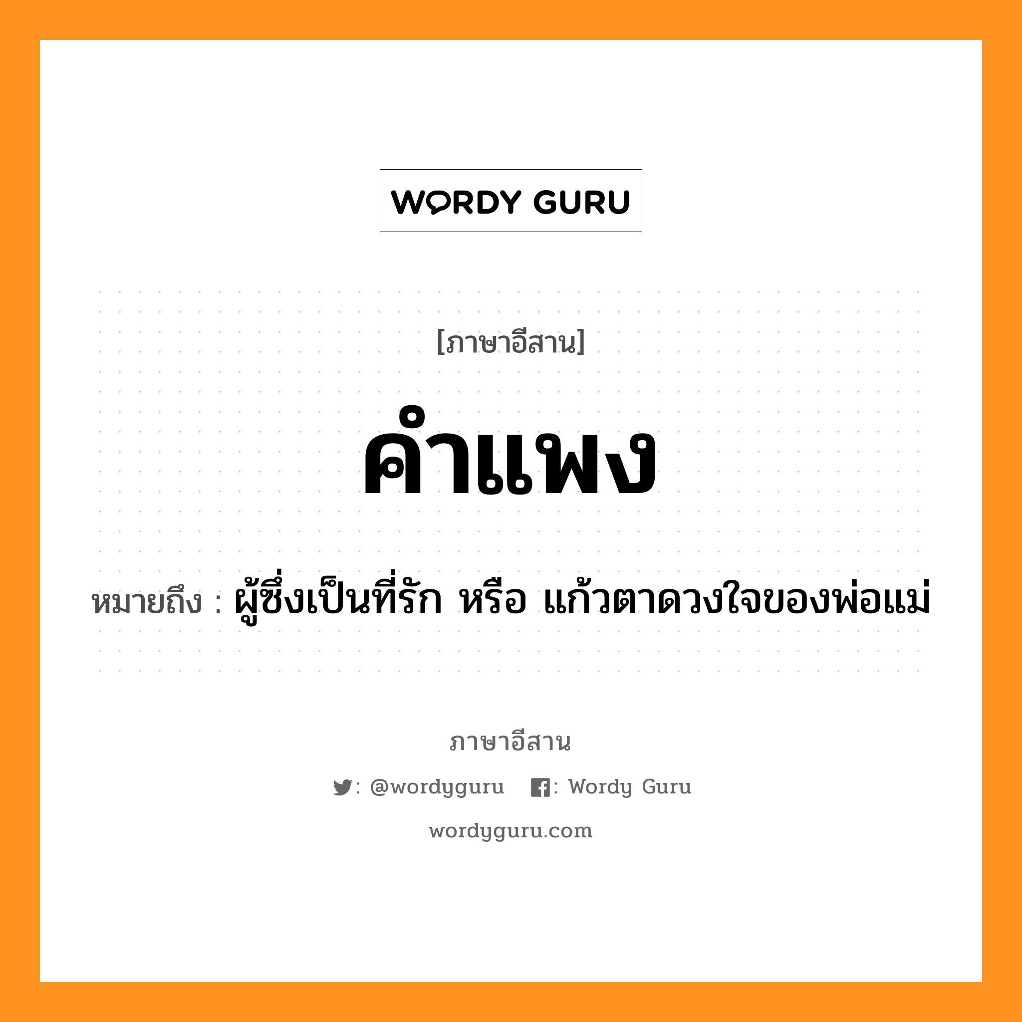 คำแพง หมายถึงอะไร, ภาษาอีสาน คำแพง หมายถึง ผู้ซึ่งเป็นที่รัก หรือ แก้วตาดวงใจของพ่อแม่ หมวด คำ - แพง