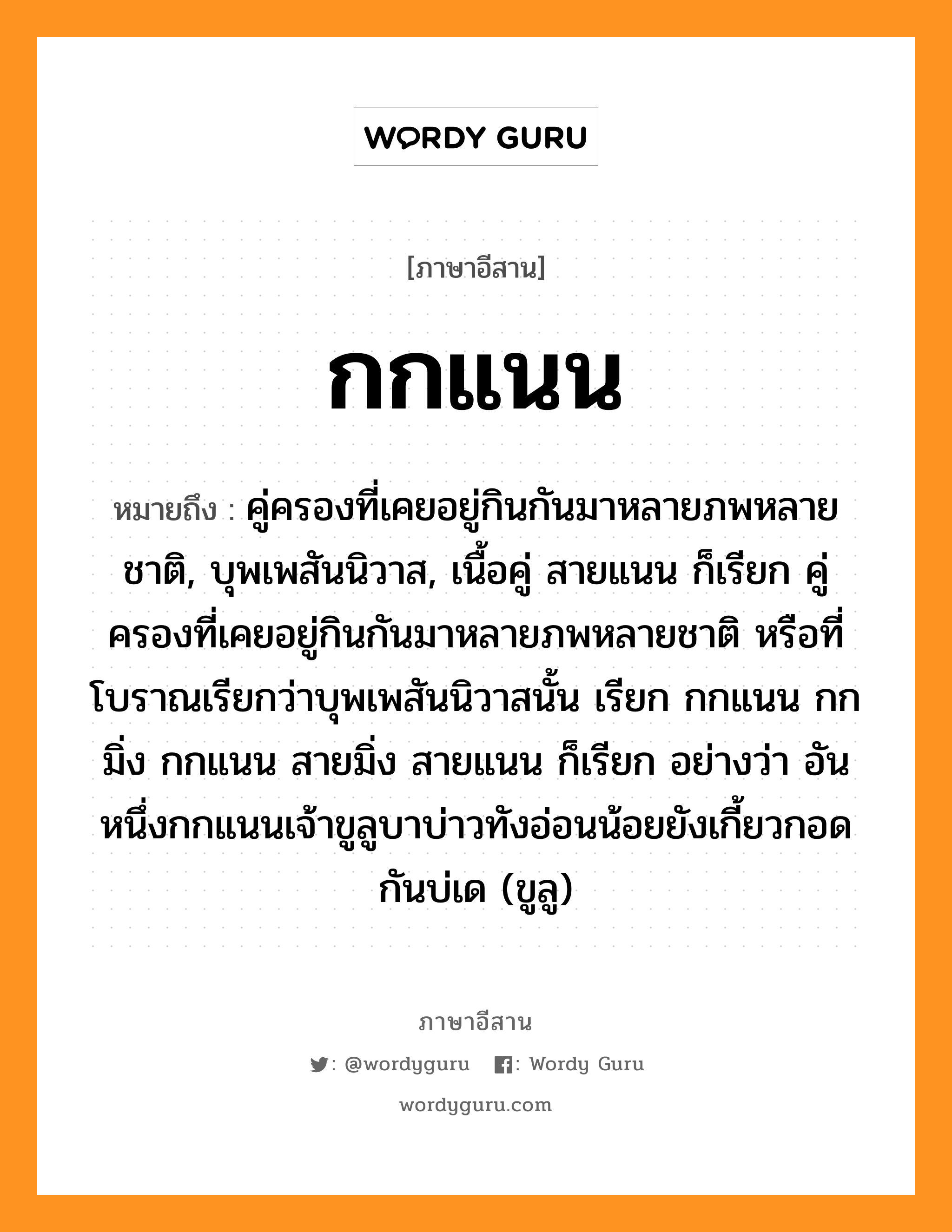 กกแนน หมายถึงอะไร, ภาษาอีสาน กกแนน หมายถึง คู่ครองที่เคยอยู่กินกันมาหลายภพหลายชาติ, บุพเพสันนิวาส, เนื้อคู่ สายแนน ก็เรียก คู่ครองที่เคยอยู่กินกันมาหลายภพหลายชาติ หรือที่โบราณเรียกว่าบุพเพสันนิวาสนั้น เรียก กกแนน กกมิ่ง กกแนน สายมิ่ง สายแนน ก็เรียก อย่างว่า อันหนึ่งกกแนนเจ้าขูลูบาบ่าวทังอ่อนน้อยยังเกี้ยวกอดกันบ่เด (ขูลู) หมวด ก๋ก-แนน