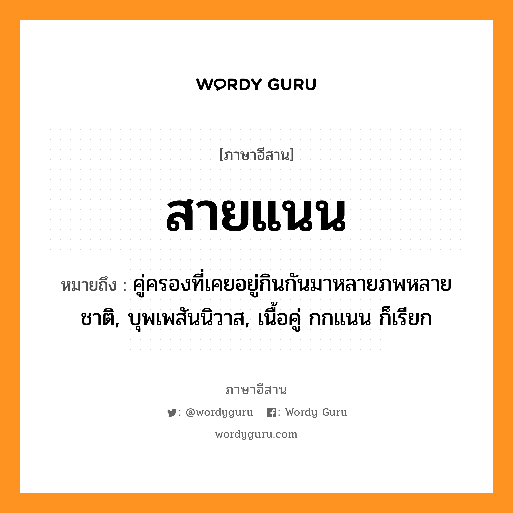 สายแนน หมายถึงอะไร, ภาษาอีสาน สายแนน หมายถึง คู่ครองที่เคยอยู่กินกันมาหลายภพหลายชาติ, บุพเพสันนิวาส, เนื้อคู่ กกแนน ก็เรียก หมวด สาย-แนน