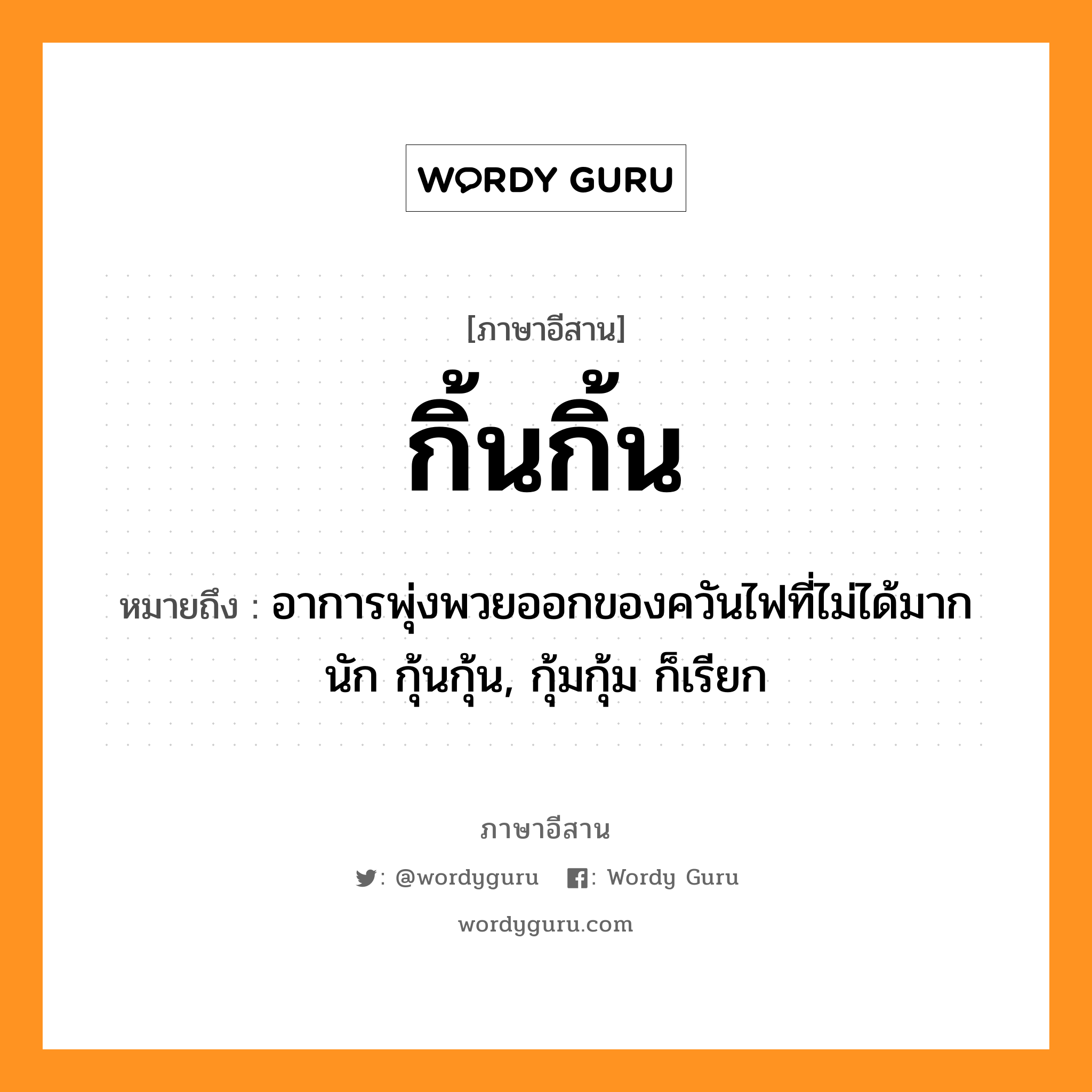 กิ้นกิ้น หมายถึงอะไร, ภาษาอีสาน กิ้นกิ้น หมายถึง อาการพุ่งพวยออกของควันไฟที่ไม่ได้มากนัก กุ้นกุ้น, กุ้มกุ้ม ก็เรียก หมวด กิ้น-กิ้น