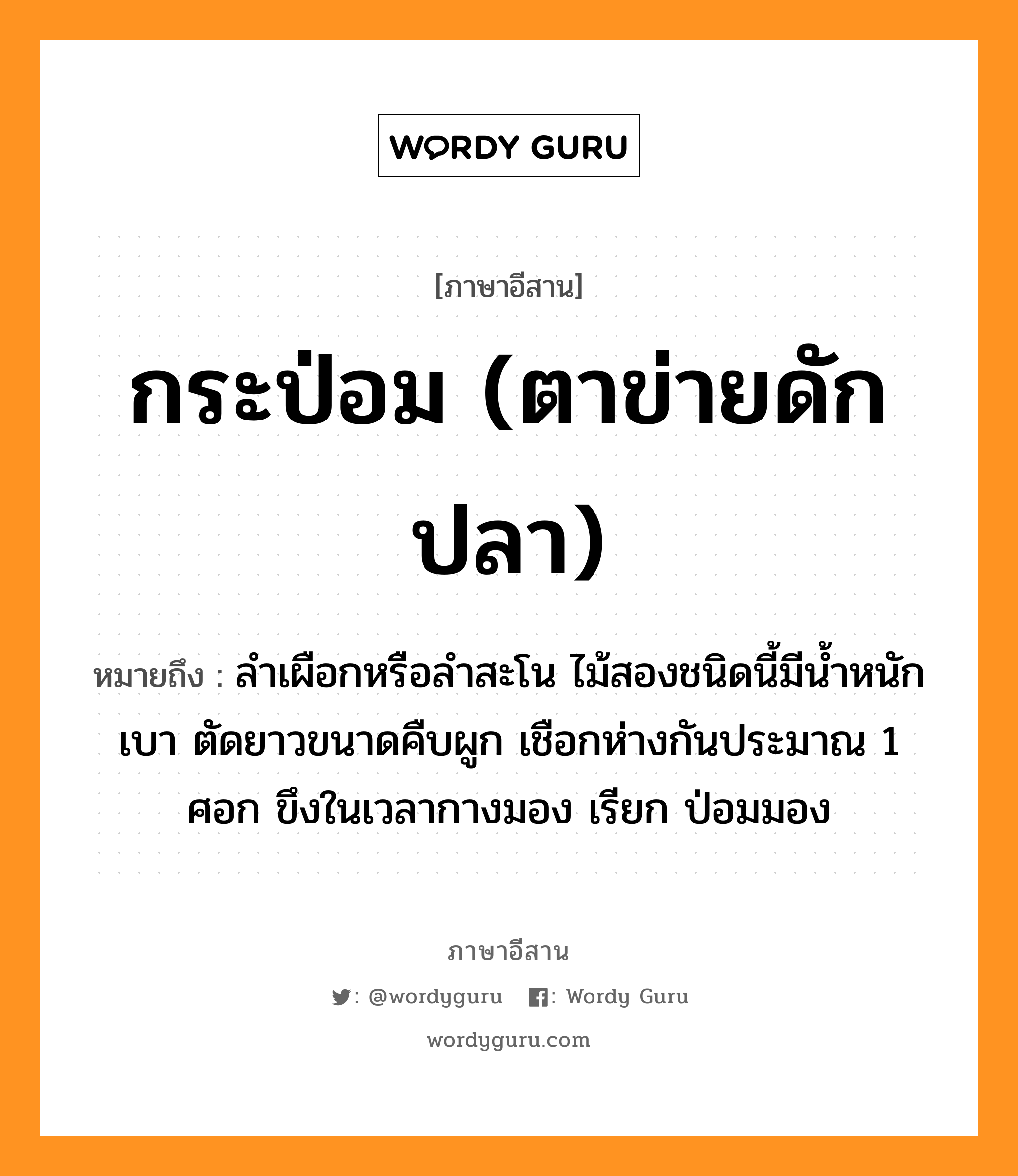 กระป่อม (ตาข่ายดักปลา) หมายถึงอะไร, ภาษาอีสาน กระป่อม (ตาข่ายดักปลา) หมายถึง ลำเผือกหรือลำสะโน ไม้สองชนิดนี้มีน้ำหนักเบา ตัดยาวขนาดคืบผูก เชือกห่างกันประมาณ 1 ศอก ขึงในเวลากางมอง เรียก ป่อมมอง หมวด กระ - ปอม