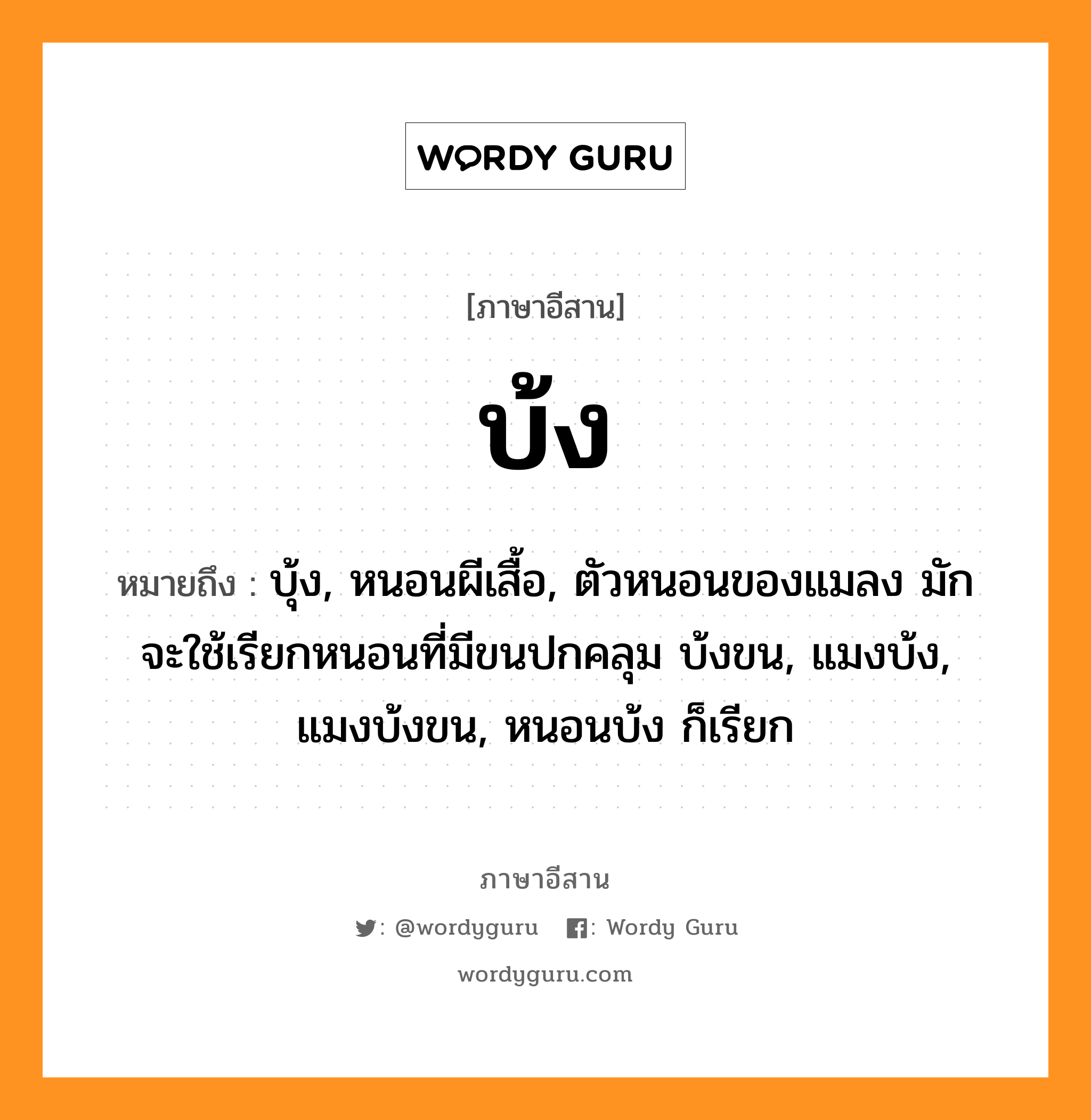 บ้ง หมายถึงอะไร, ภาษาอีสาน บ้ง หมายถึง บุ้ง, หนอนผีเสื้อ, ตัวหนอนของแมลง มักจะใช้เรียกหนอนที่มีขนปกคลุม บ้งขน, แมงบ้ง, แมงบ้งขน, หนอนบ้ง ก็เรียก หมวด บ้ง