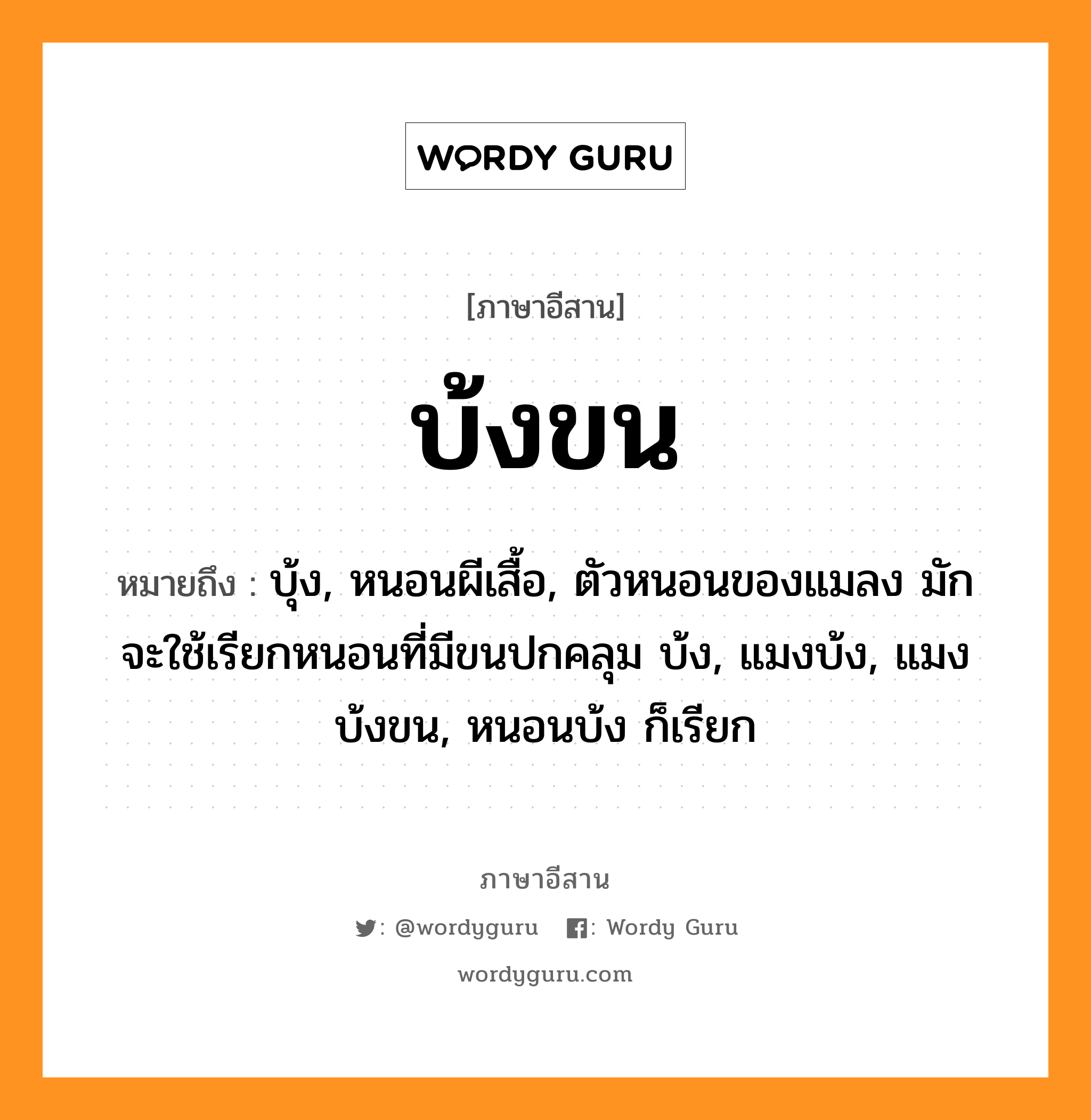 บ้งขน หมายถึงอะไร, ภาษาอีสาน บ้งขน หมายถึง บุ้ง, หนอนผีเสื้อ, ตัวหนอนของแมลง มักจะใช้เรียกหนอนที่มีขนปกคลุม บ้ง, แมงบ้ง, แมงบ้งขน, หนอนบ้ง ก็เรียก หมวด บ้ง-ขน