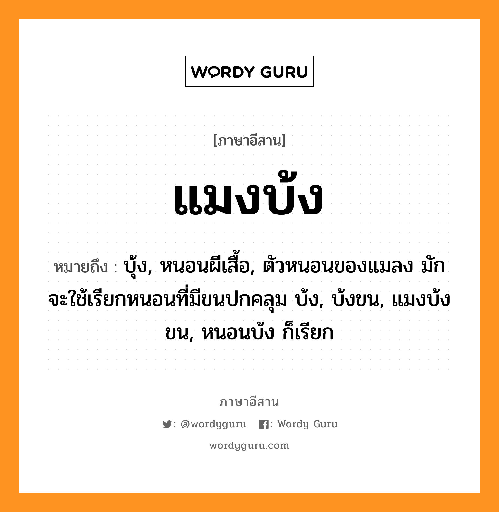 แมงบ้ง หมายถึงอะไร, ภาษาอีสาน แมงบ้ง หมายถึง บุ้ง, หนอนผีเสื้อ, ตัวหนอนของแมลง มักจะใช้เรียกหนอนที่มีขนปกคลุม บ้ง, บ้งขน, แมงบ้งขน, หนอนบ้ง ก็เรียก หมวด แมง-บ้ง