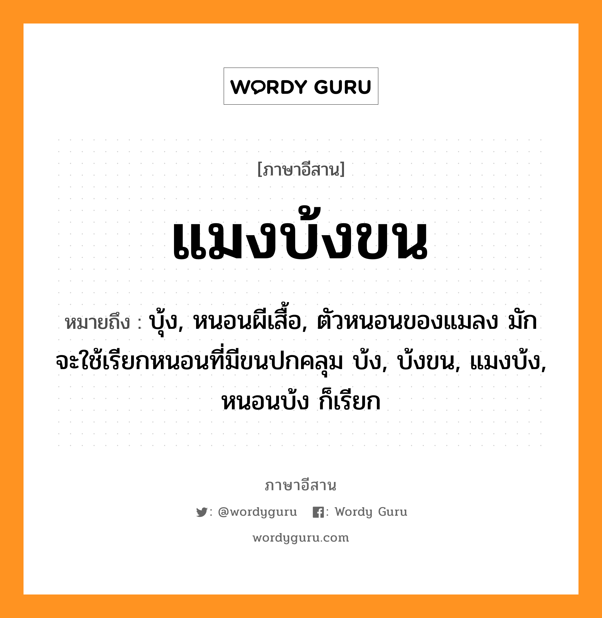 แมงบ้งขน หมายถึงอะไร, ภาษาอีสาน แมงบ้งขน หมายถึง บุ้ง, หนอนผีเสื้อ, ตัวหนอนของแมลง มักจะใช้เรียกหนอนที่มีขนปกคลุม บ้ง, บ้งขน, แมงบ้ง, หนอนบ้ง ก็เรียก หมวด แมง-บ้ง-ขน