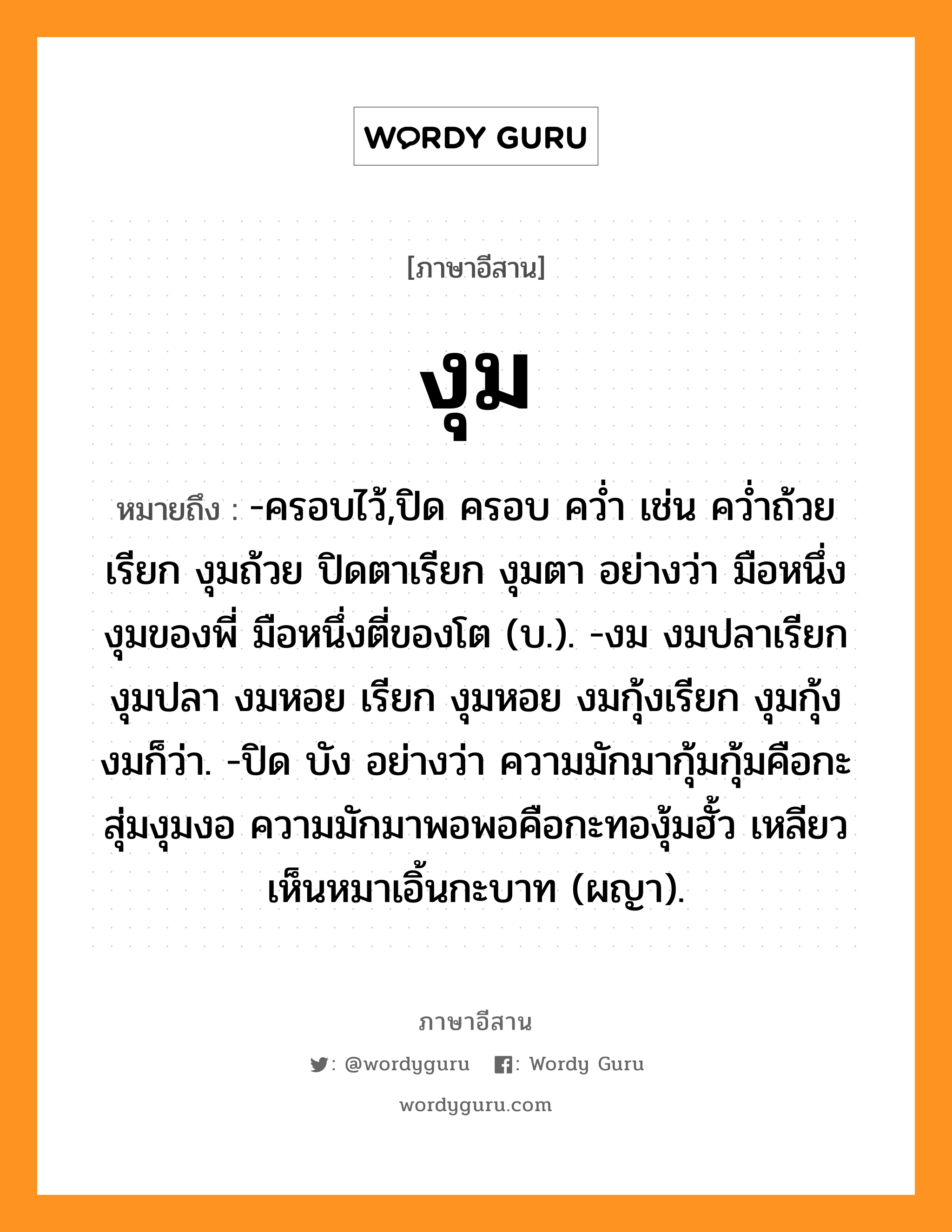 งุม หมายถึงอะไร, ภาษาอีสาน งุม หมายถึง -ครอบไว้,ปิด ครอบ คว่ำ เช่น คว่ำถ้วย เรียก งุมถ้วย ปิดตาเรียก งุมตา อย่างว่า มือหนึ่งงุมของพี่ มือหนึ่งตี่ของโต (บ.). -งม งมปลาเรียก งุมปลา งมหอย เรียก งุมหอย งมกุ้งเรียก งุมกุ้ง งมก็ว่า. -ปิด บัง อย่างว่า ความมักมากุ้มกุ้มคือกะสุ่มงุมงอ ความมักมาพอพอคือกะทองุ้มฮั้ว เหลียวเห็นหมาเอิ้นกะบาท (ผญา). หมวด งุม