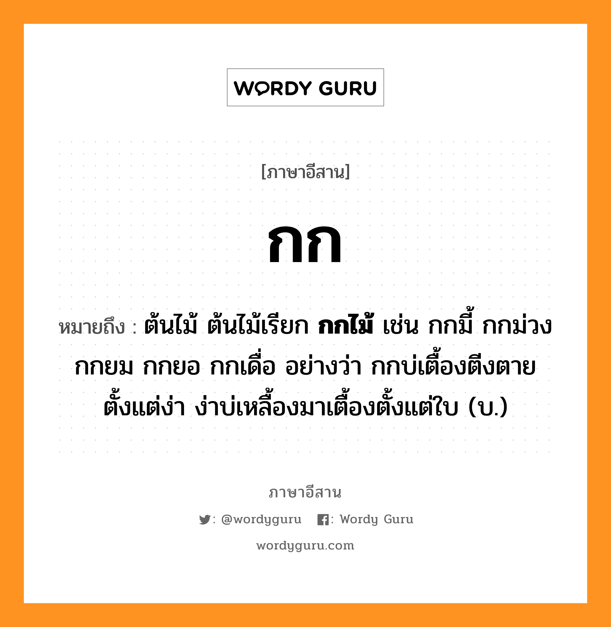 กก หมายถึงอะไร, ภาษาอีสาน กก หมายถึง ต้นไม้ ต้นไม้เรียก &lt;b&gt;กกไม้&lt;/b&gt; เช่น กกมี้ กกม่วง กกยม กกยอ กกเดื่อ อย่างว่า กกบ่เตื้องตีงตายตั้งแต่ง่า ง่าบ่เหลื้องมาเตื้องตั้งแต่ใบ (บ.) หมวด กก