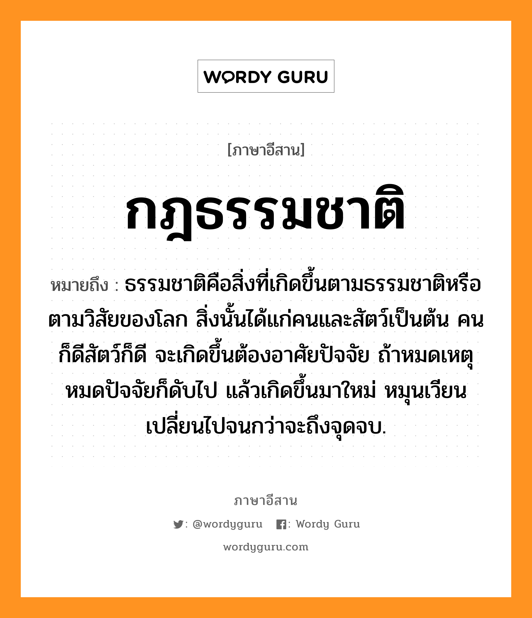 กฎธรรมชาติ หมายถึงอะไร, ภาษาอีสาน กฎธรรมชาติ หมายถึง ธรรมชาติคือสิ่งที่เกิดขึ้นตามธรรมชาติหรือตามวิสัยของโลก สิ่งนั้นได้แก่คนและสัตว์เป็นต้น คนก็ดีสัตว์ก็ดี จะเกิดขึ้นต้องอาศัยปัจจัย ถ้าหมดเหตุหมดปัจจัยก็ดับไป แล้วเกิดขึ้นมาใหม่ หมุนเวียนเปลี่ยนไปจนกว่าจะถึงจุดจบ. หมวด กด - ทำ - มะ - ชาด