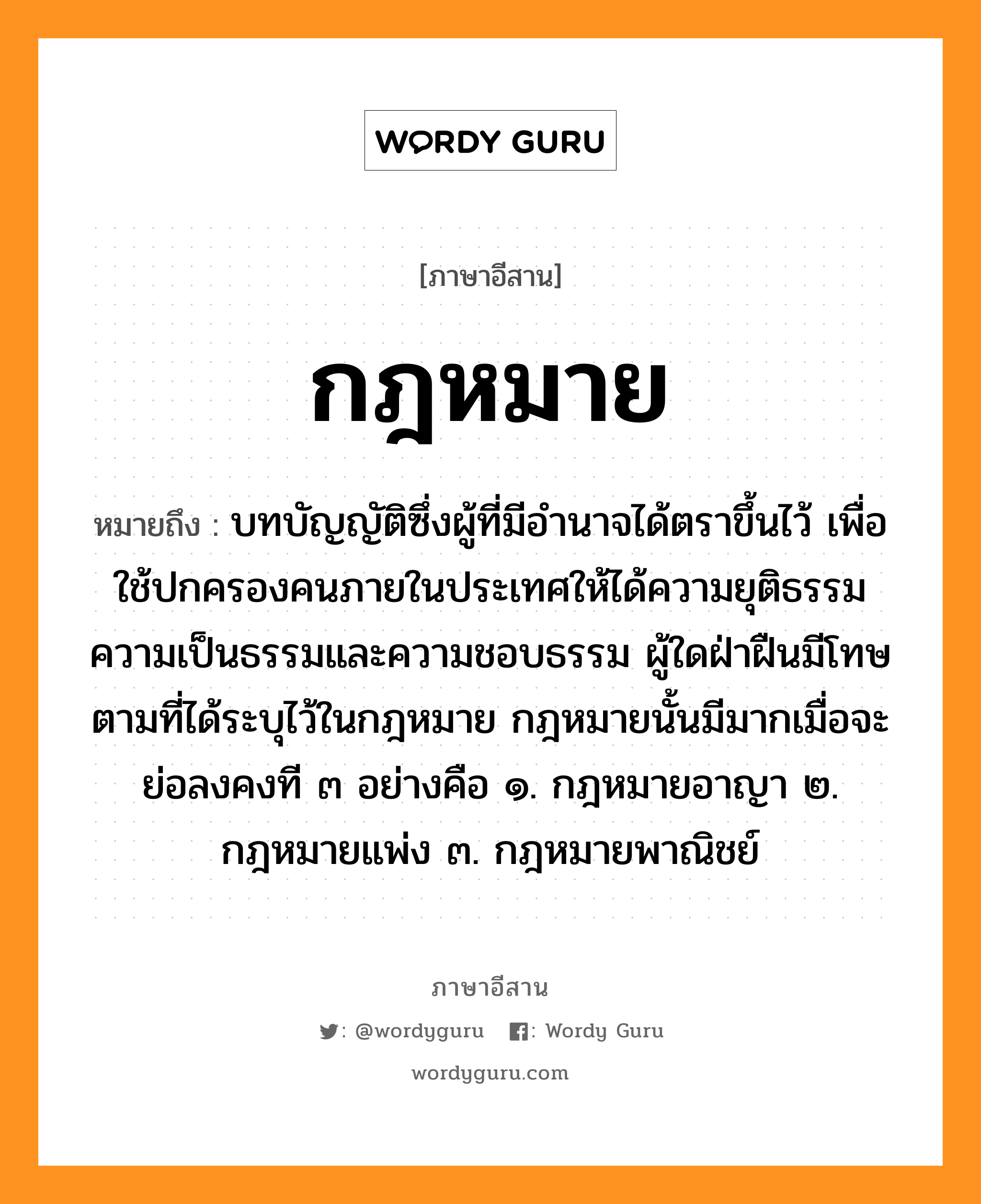 กฎหมาย หมายถึงอะไร, ภาษาอีสาน กฎหมาย หมายถึง บทบัญญัติซึ่งผู้ที่มีอำนาจได้ตราขึ้นไว้ เพื่อใช้ปกครองคนภายในประเทศให้ได้ความยุติธรรม ความเป็นธรรมและความชอบธรรม ผู้ใดฝ่าฝืนมีโทษตามที่ได้ระบุไว้ในกฎหมาย กฎหมายนั้นมีมากเมื่อจะย่อลงคงที ๓ อย่างคือ ๑. กฎหมายอาญา ๒. กฎหมายแพ่ง ๓. กฎหมายพาณิชย์ หมวด กด - หมาย