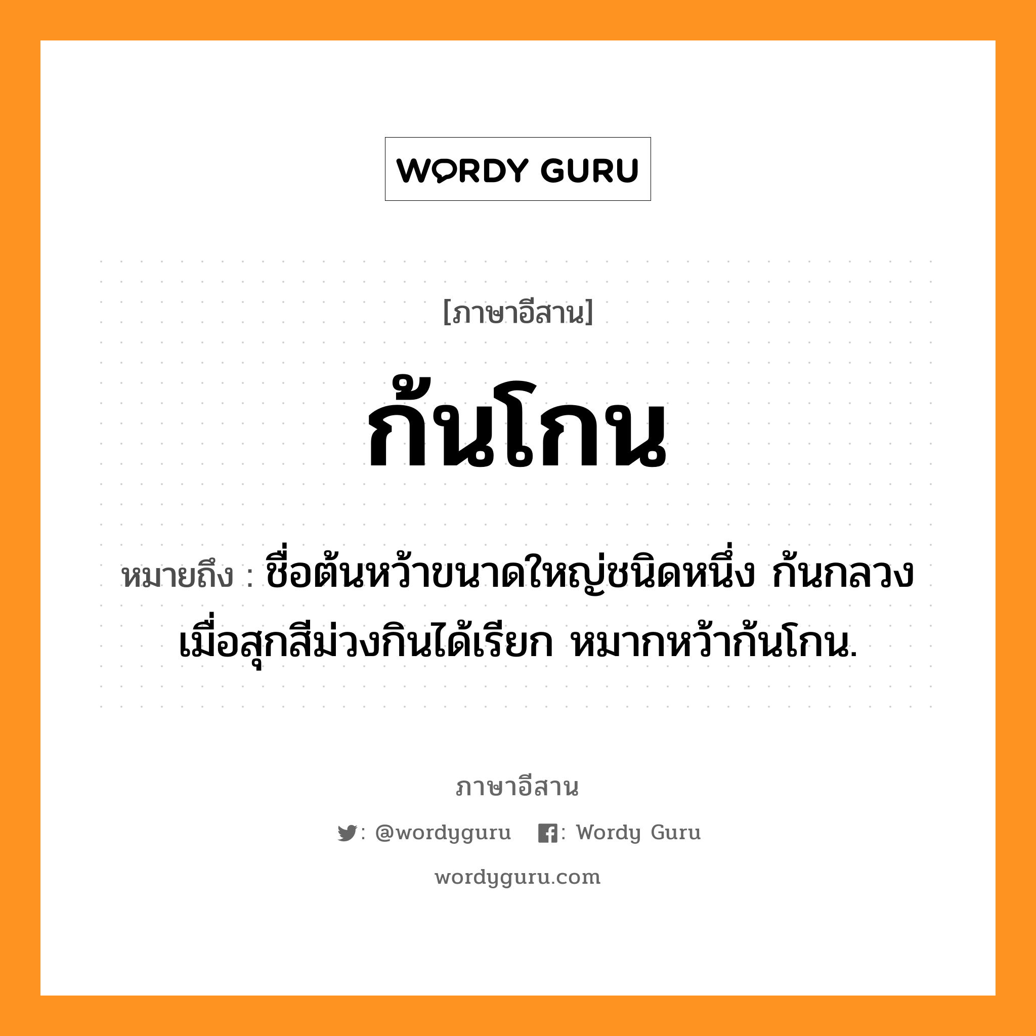 ก้นโกน หมายถึงอะไร, ภาษาอีสาน ก้นโกน หมายถึง ชื่อต้นหว้าขนาดใหญ่ชนิดหนึ่ง ก้นกลวง เมื่อสุกสีม่วงกินได้เรียก หมากหว้าก้นโกน. หมวด ก้น - โกน